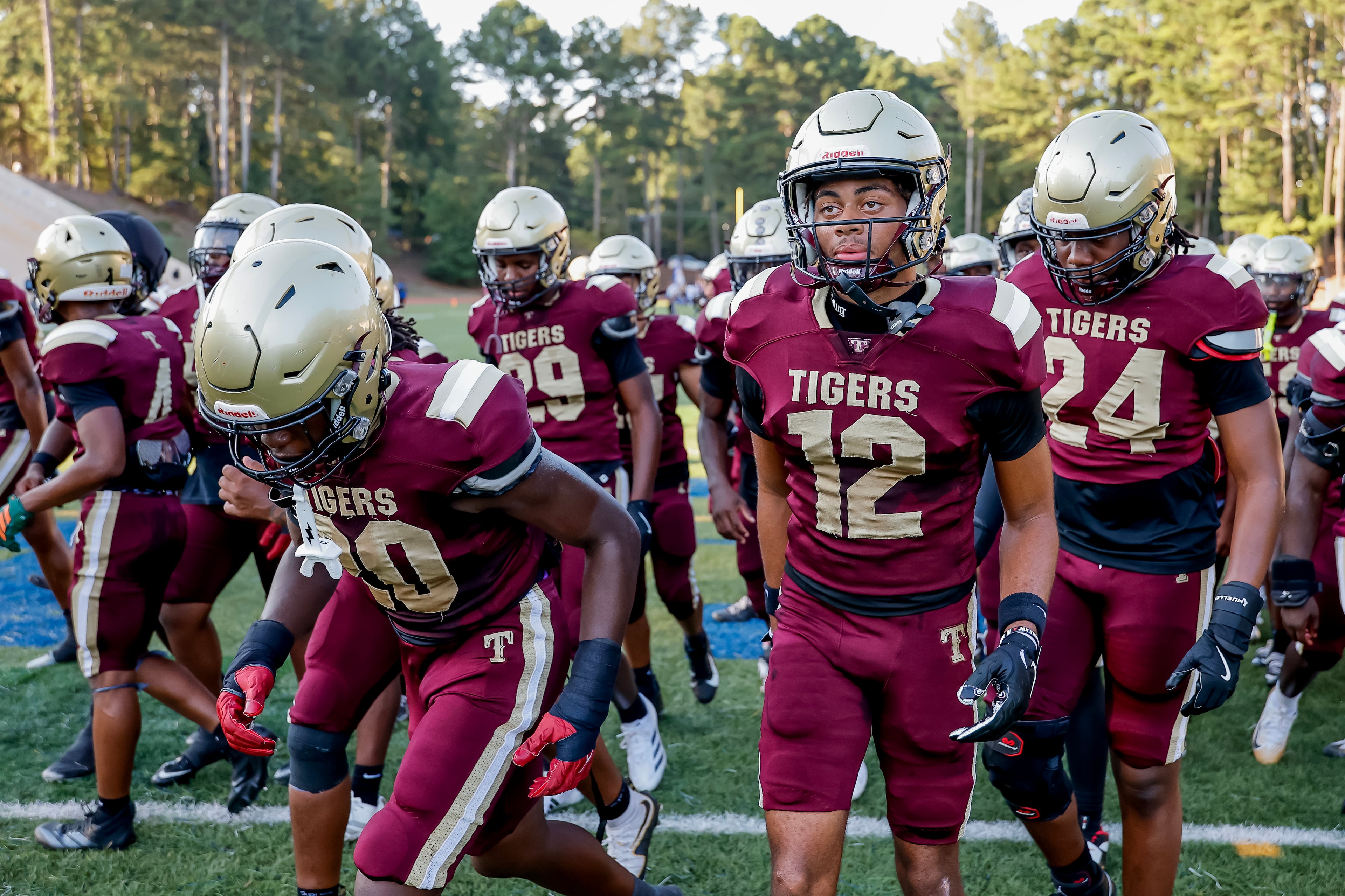 Tucker players leave the field after warmups before the game against Stephenson on Friday, Sept. 4, 2026, at Hallford Stadium in Clarkston. Tucker beat Class 4A No. 4 Stephenson 21-14. (Erik S. Lesser for the AJC)