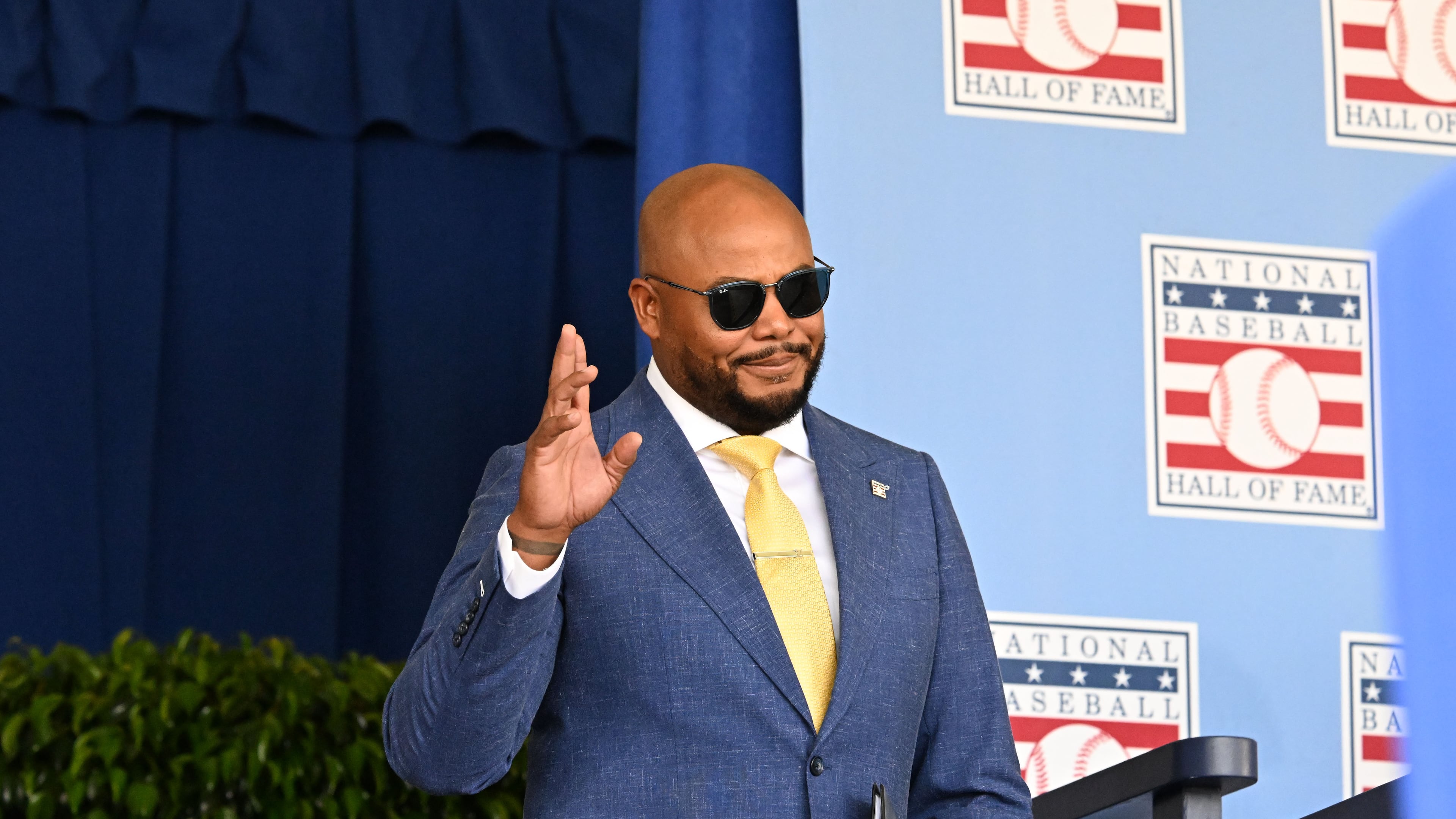 Andruw Jones is introduced during the 2026 National Baseball Hall of Fame Induction Ceremony at the Clark Sports Center on Sunday, July 26, 2026, in Cooperstown, N.Y. (Hyosub Shin/AJC)