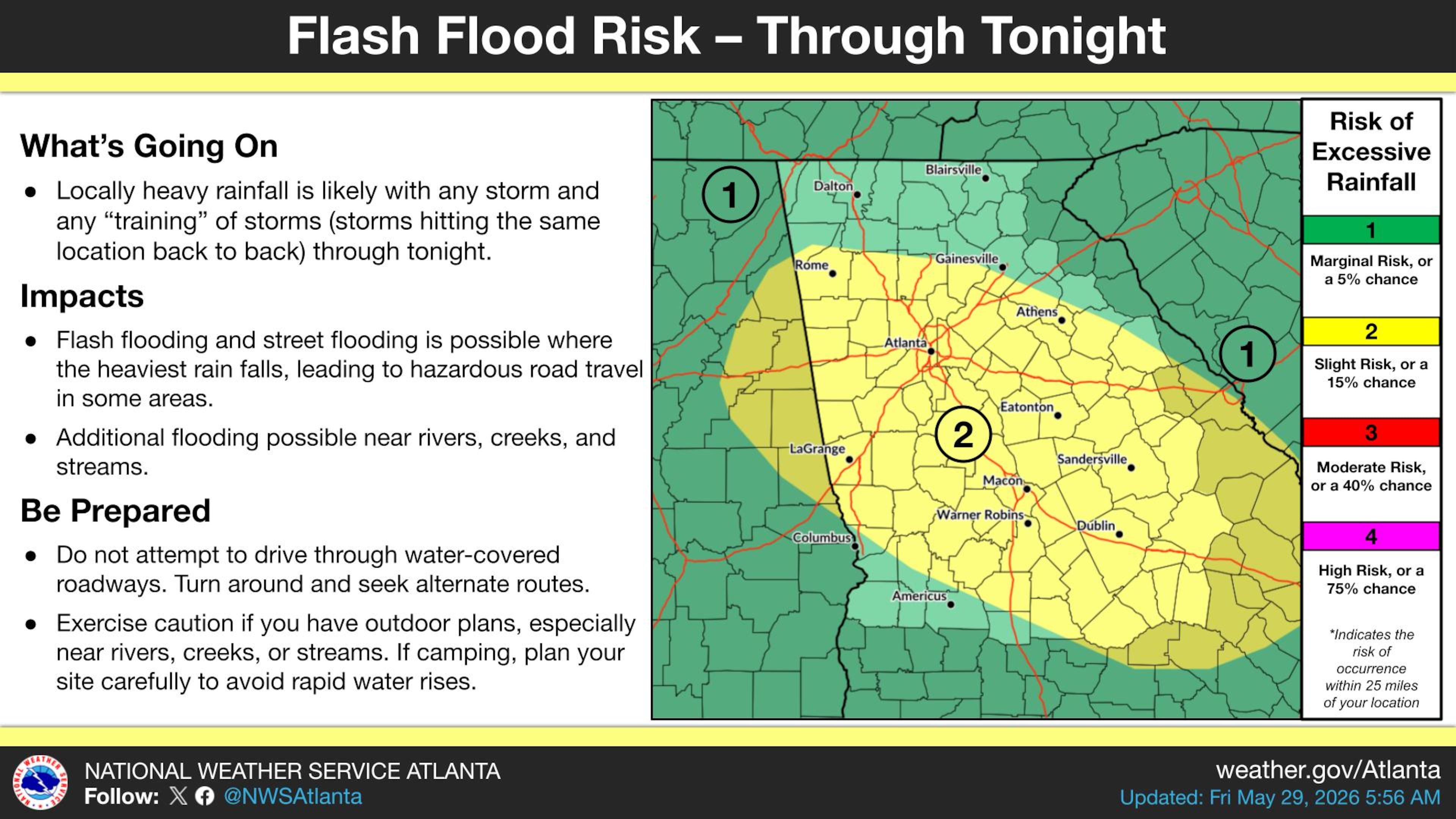 Metro Atlanta is under a level 2 of 4 risk for excessive rainfall, which comes with possibilities for flash flooding through the night Friday, May 29, 2026, according to the National Weather Service. (Courtesy of NWS)