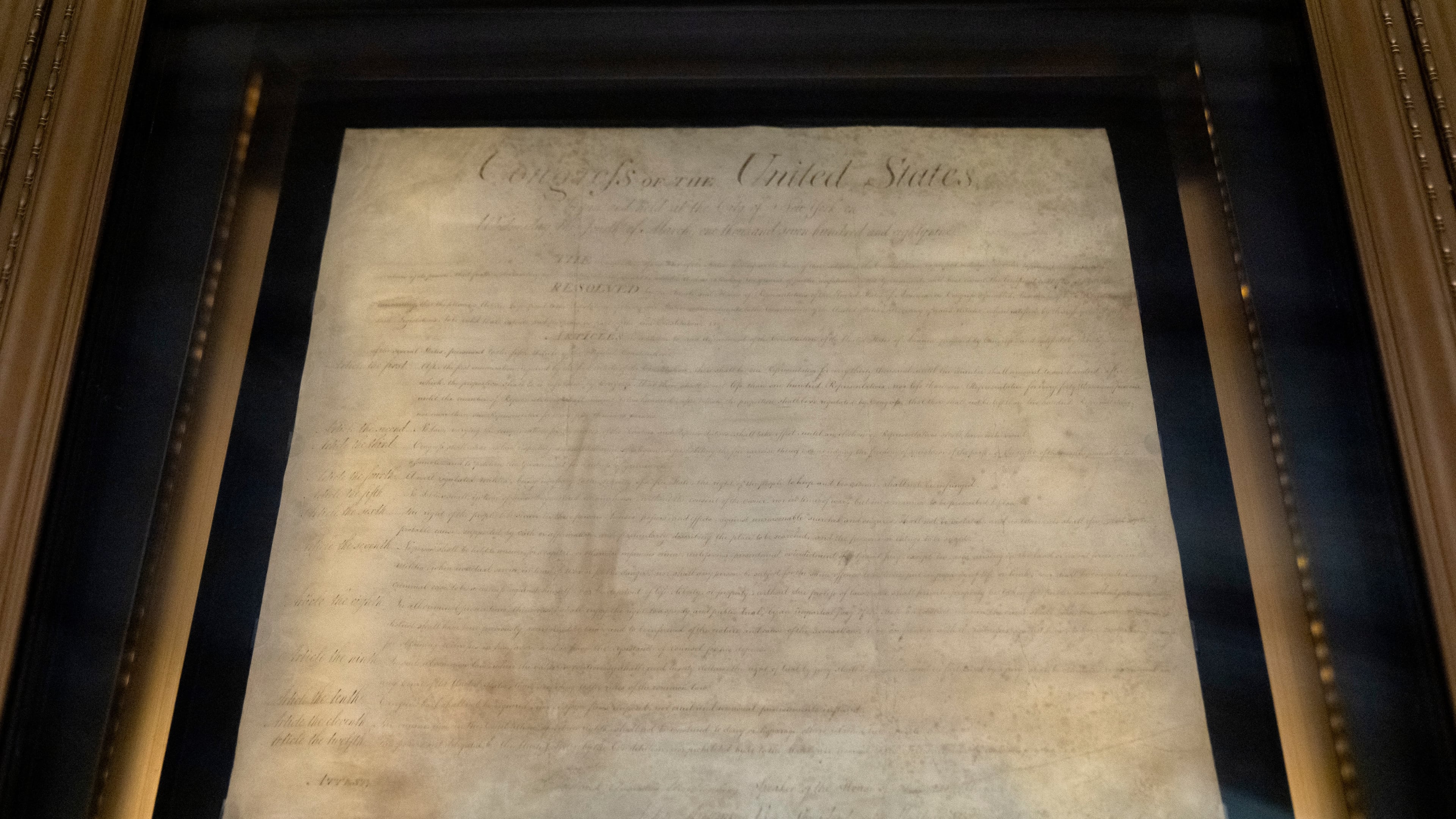 FILE - The Bill of Rights is displayed at the National Archives on Sept. 16, 2025, in Washington. (AP Photo/Mark Schiefelbein, File)