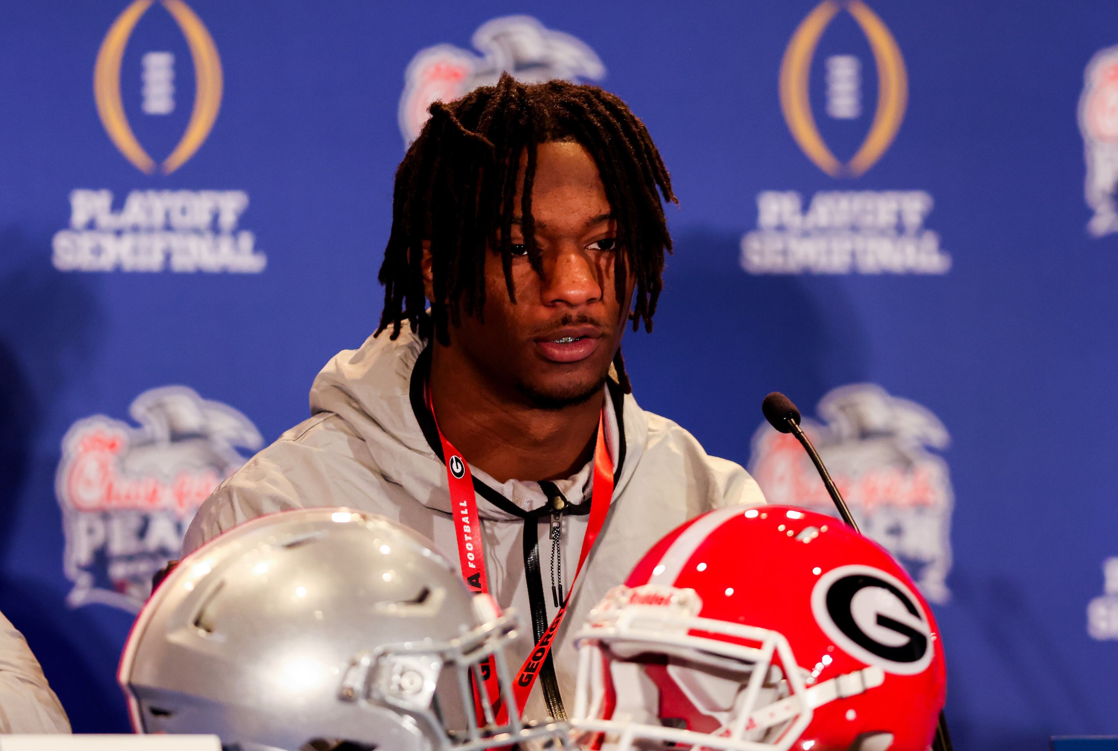 Georgia linebacker Smael Mondon speaks during a press conference on Tuesday, Dec. 27, 2022. Georgia will face Ohio State in the 2022 College Football Playoff Semifinal at the Chick-fil-A Peach Bowl. (Jason Parkhurst via Abell Images for the Chick-fil-A Peach Bowl)