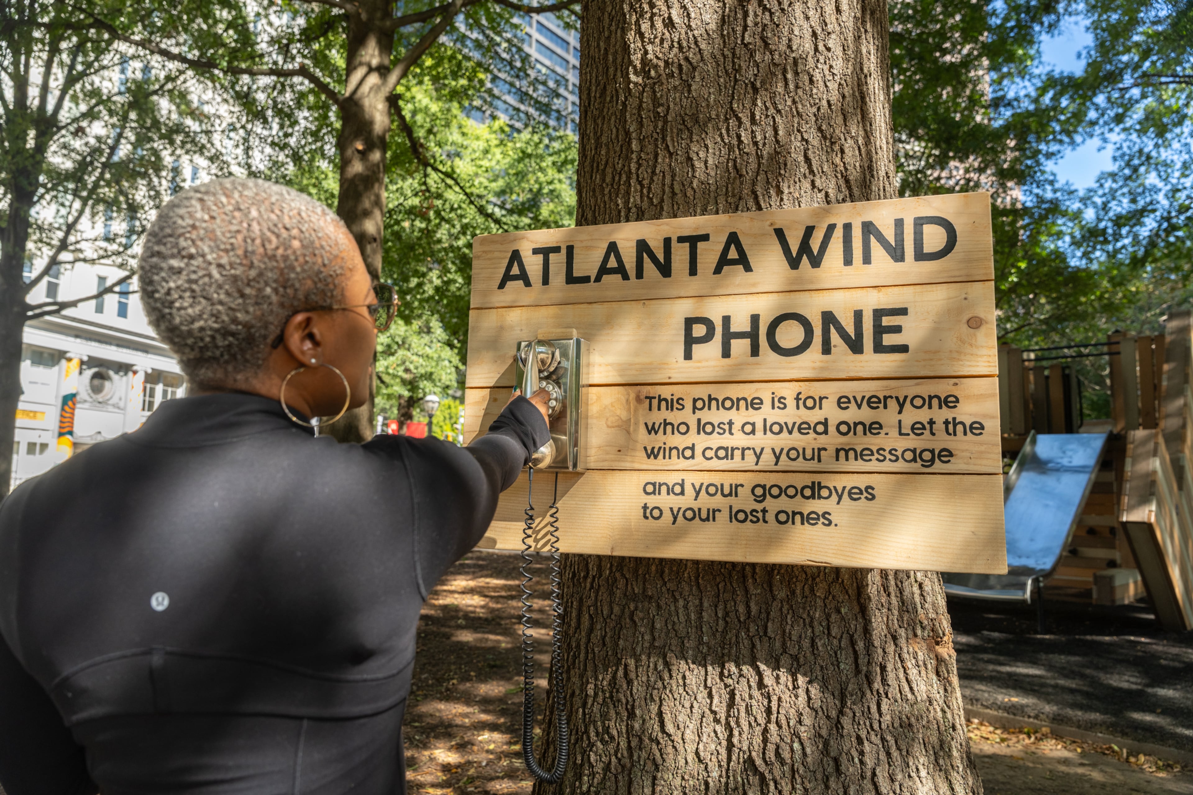 The Atlanta Wind Phone is part of Woodruff Park's latest art installation — “The Space Within”. The public art pieces are designed to inspire reflection and inner peace. Among them, the wind phone offers a place for the bereaved to embrace their grief. (Courtesy of Jeffrey Moustache)