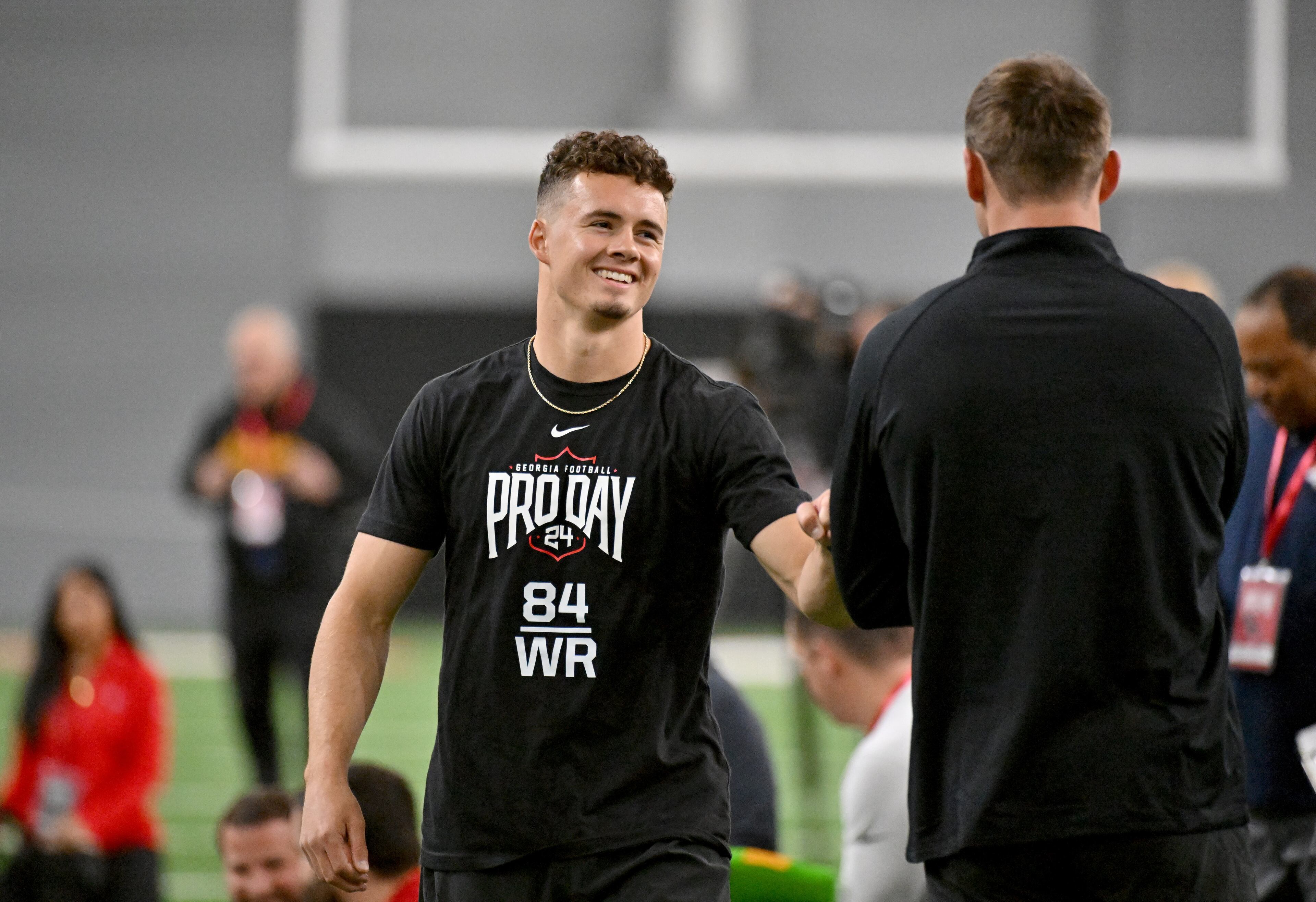 Georgia wide receiver Ladd McConkey smiles during Georgia Pro Day at Payne Indoor Athletic Facility, Wednesday, Mar. 13, 2024, in Athens. (Hyosub Shin / Hyosub.Shin@ajc.com)