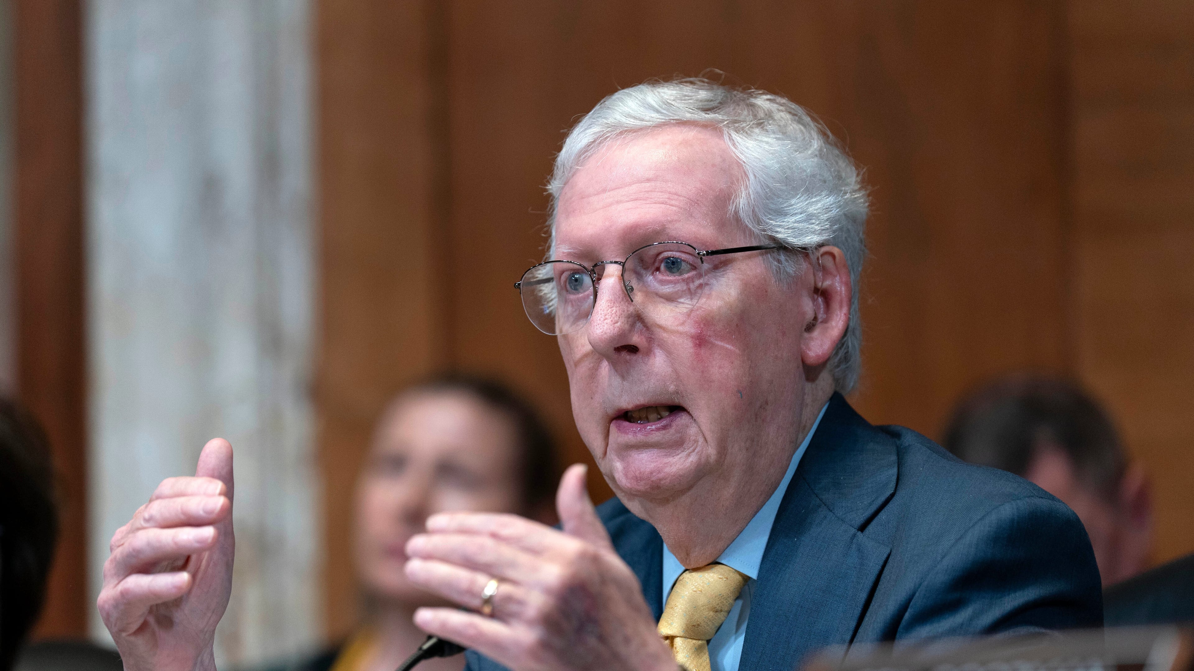FILE - Sen. Mitch McConnell, R-Ky., speaks during a Senate Committee on Appropriations subcommittee hearing on Capitol Hill in Washington, May 20, 2025. (AP Photo/Jose Luis Magana, File)