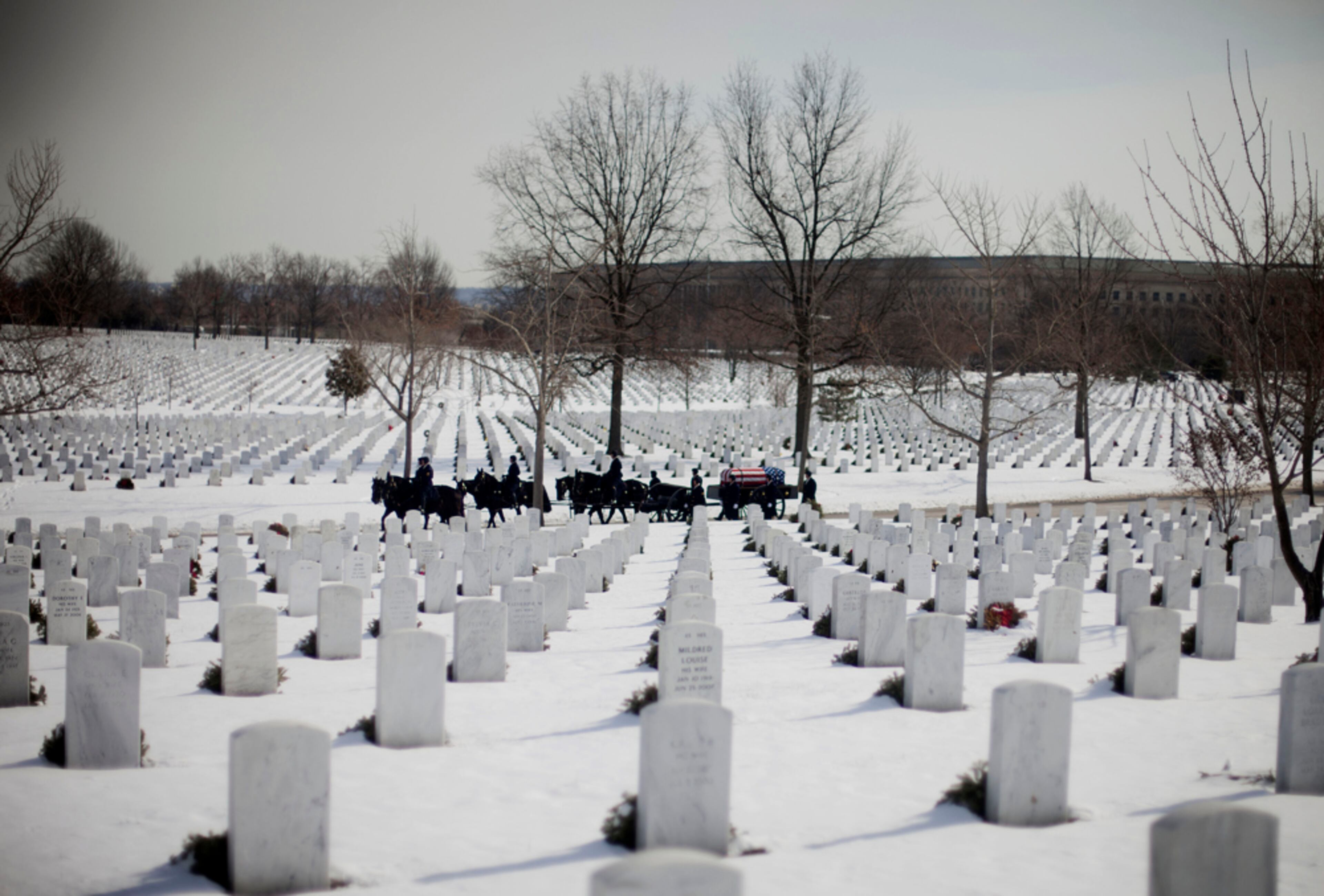 HONORS IN THE SNOW--An Army honor guard escorts the caisson carrying the coffin containing the remains of Army Sgt. Peter C. Bohler, during burial services at Arlington National Cemetery in Arlington, Va., Thursday, Jan. 23, 2014. According to the Defense Department, Sgt. Bohler, 29, of Willow Springs, NC., died Dec. 19, 2013 in Now Bahar, Afghanistan from injuries suffered as a result of a helicopter crash. (AP Photo/Pablo Martinez Monsivais)
