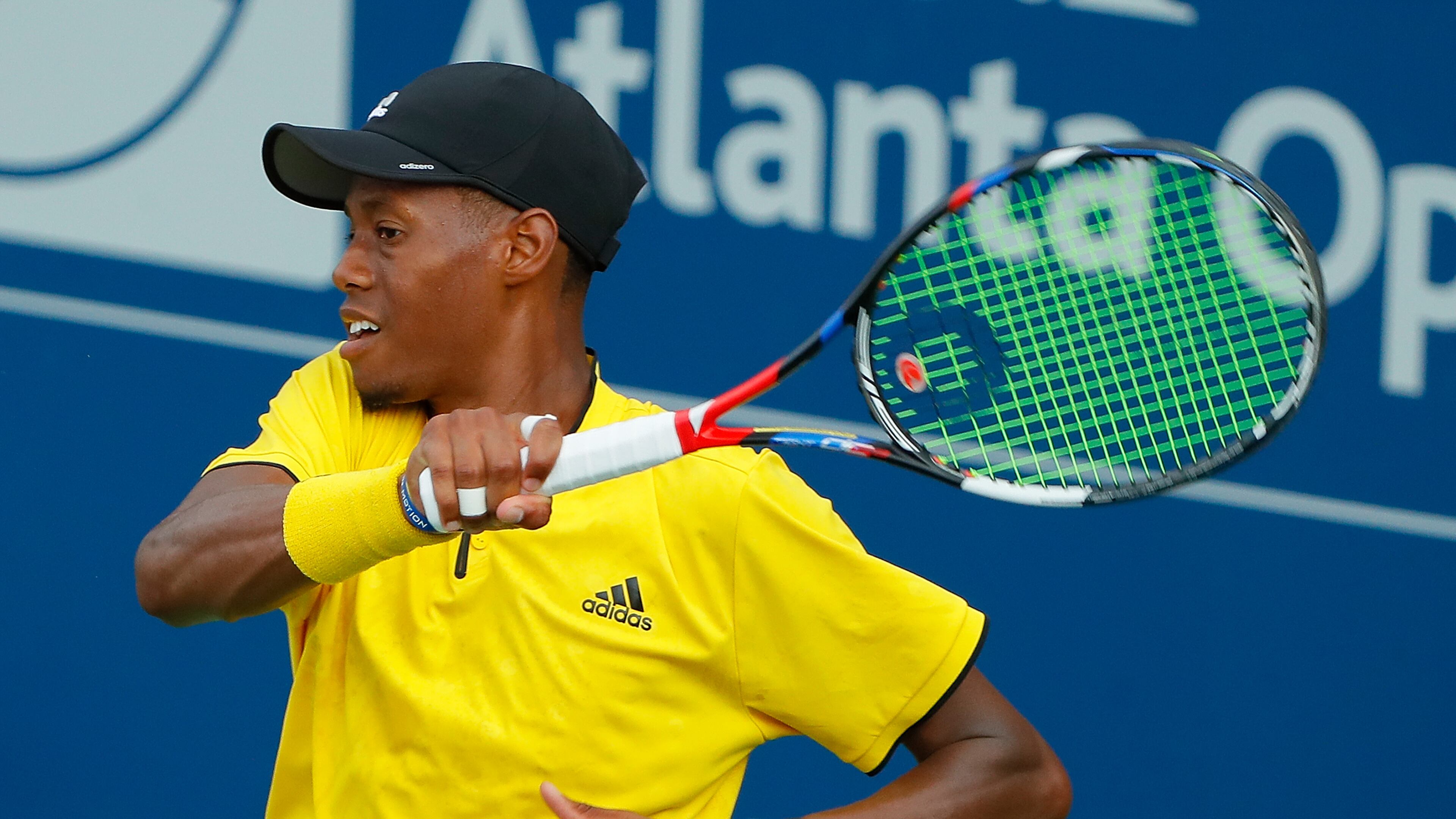 ATLANTA, GA - JULY 25: Christopher Eubanks returns a forehand to Taylor Fritz during the BB&T Atlanta Open at Atlantic Station on July 25, 2017 in Atlanta, Georgia. (Photo by Kevin C. Cox/Getty Images)