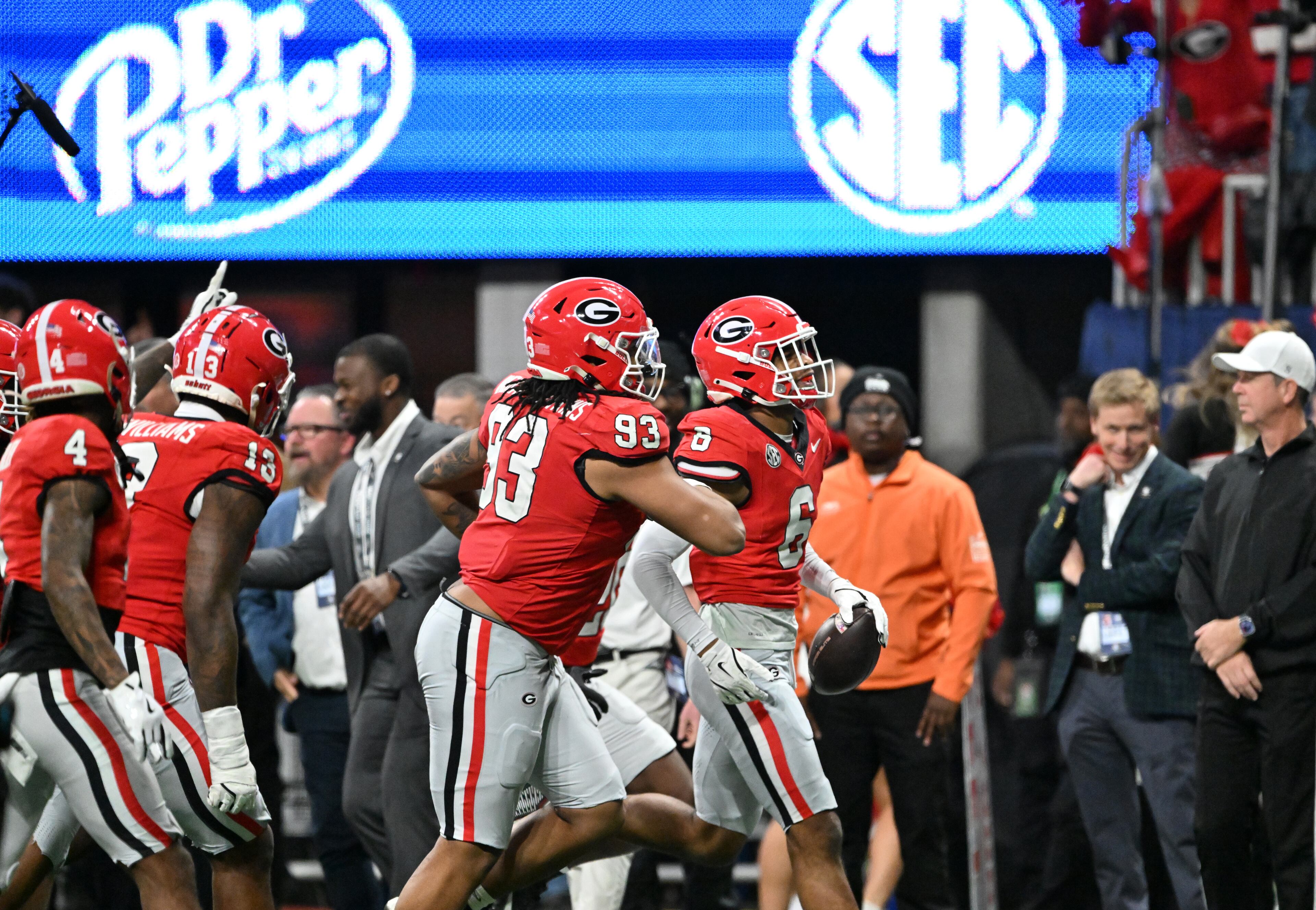 Georgia defensive back Daylen Everette (6) reacts after intercepting a pass during the fourth quarter in the SEC Championship football game at the Mercedes-Benz Stadium, Saturday, December 7, 2024, in Atlanta. Georgia won 22-19 over Texas in overtime. (Hyosub Shin / AJC)