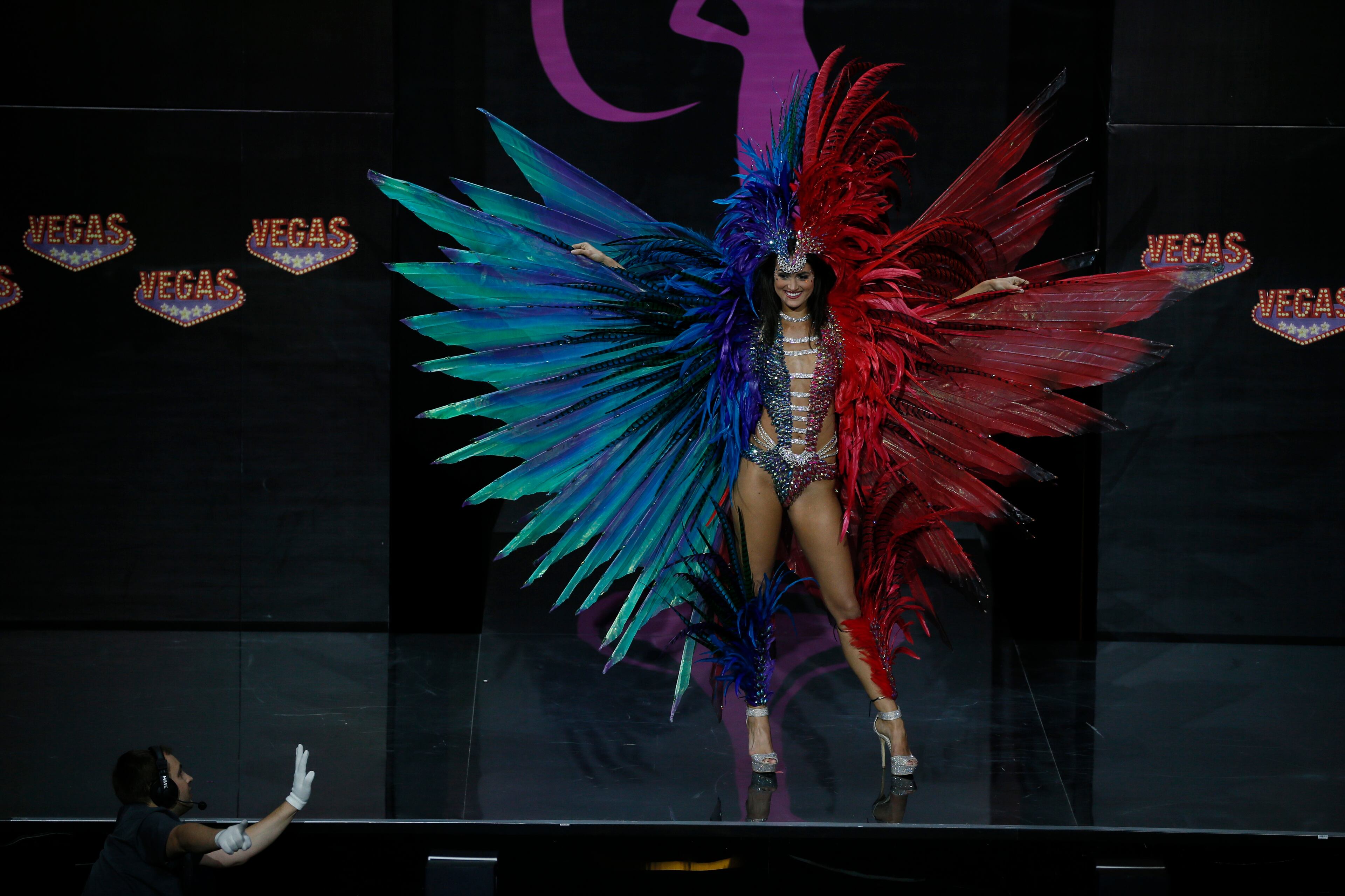 Miss Trinidad and Tobago Catherine Miller presents her outfit, during the national costume show at the 2013 Miss Universe pageant in Moscow, Russia, on Sunday, Nov. 3, 2013. Beauties will compete for the title of Miss Universe in Moscow on Nov. 9. (AP Photo/Pavel Golovkin)