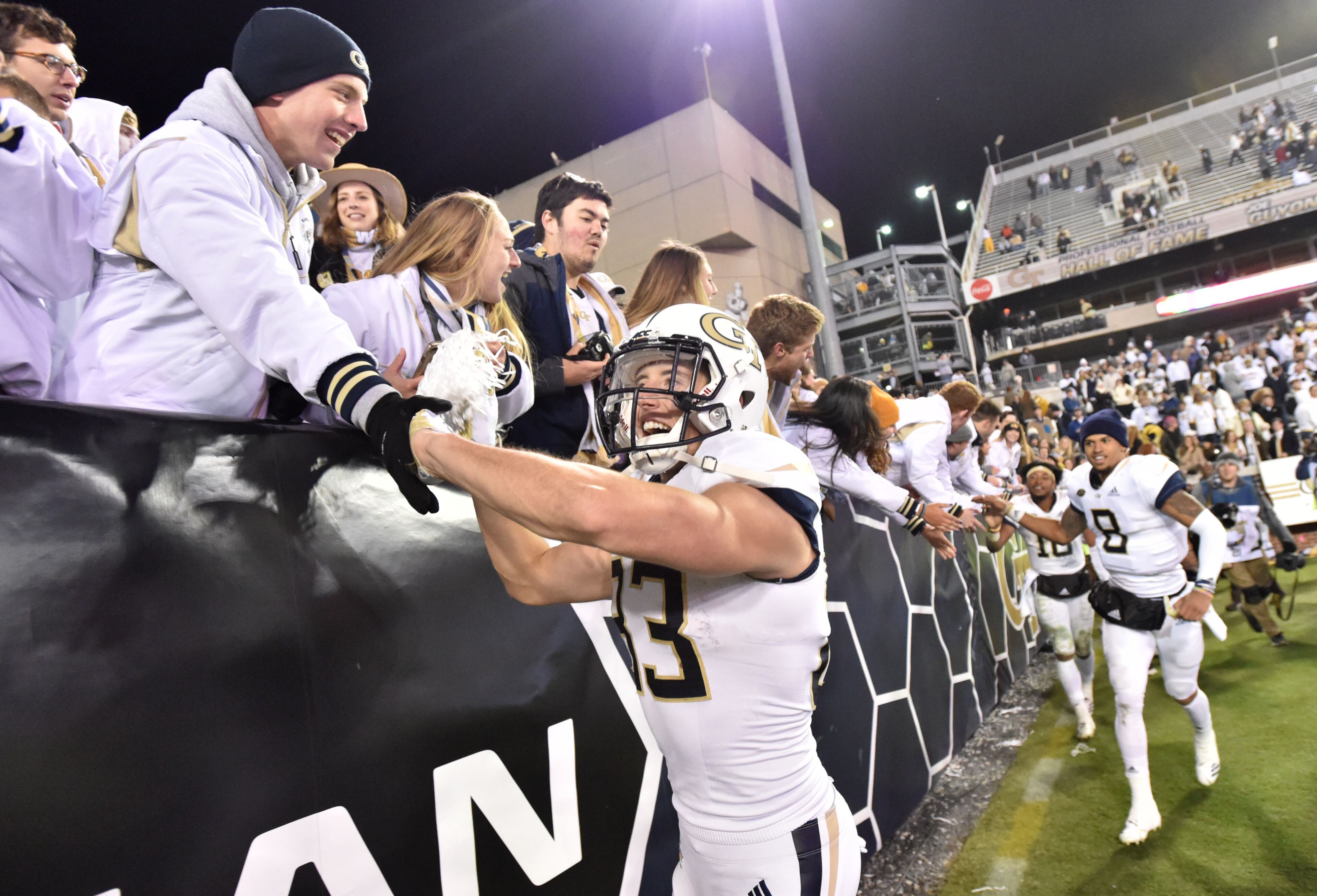 November 10, 2018 Atlanta - Georgia Tech wide receiver Brad Stewart (83) celebrates with fans at Bobby Dodd Stadium on Saturday, November 10, 2018. Georgia Tech won 27 - 21 over the Miami. HYOSUB SHIN / HSHIN@AJC.COM