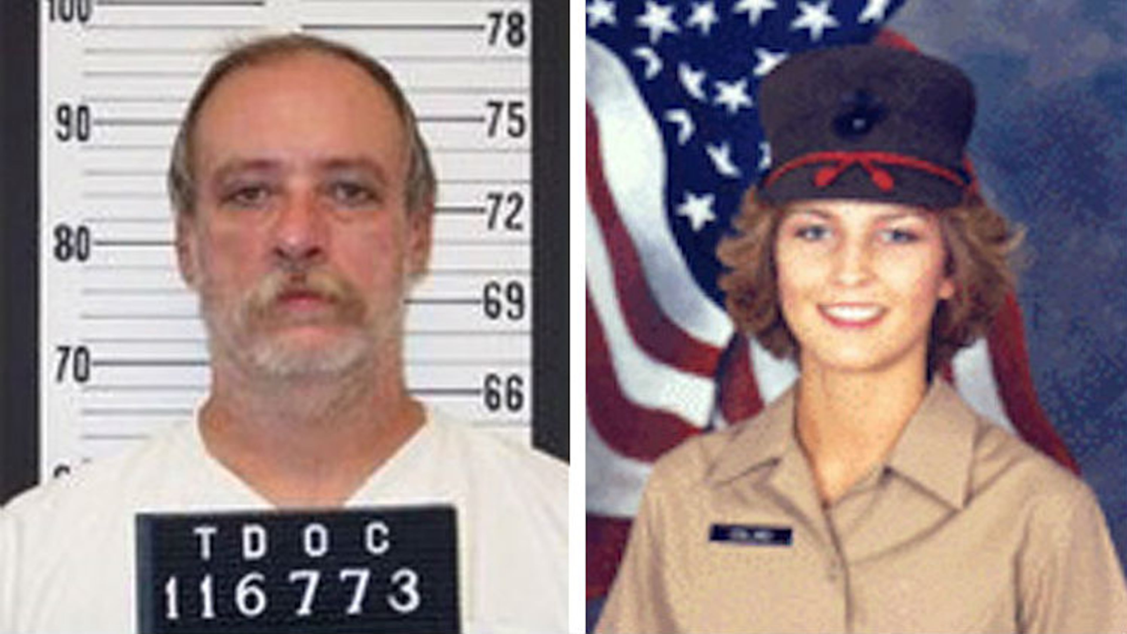 Sedley Alley, left, was executed in 2006 for the rape and murder of Marine Lance Cpl. Suzanne Marie Collins, 19, who was abducted July 11, 1985, as she went for a late-night run near the Naval Air Station Millington, near Memphis. Alley's daughter is asking that evidence from the crime scene be tested for DNA to either confirm or eliminate her father, who claimed his confession was coerced, as Collins' killer. (Tennessee Department of Correction via AP, U.S. Marine Corps/file)