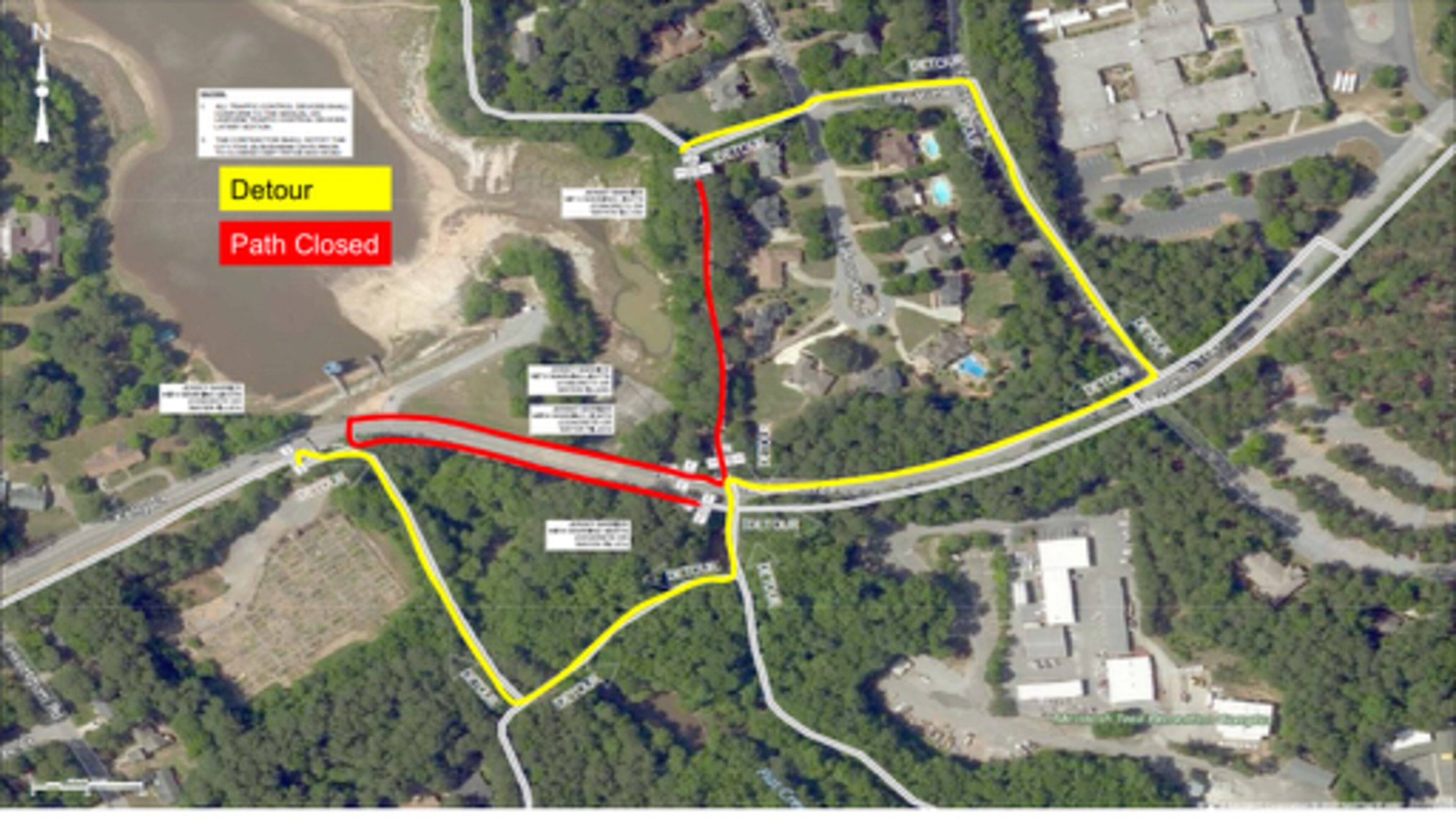 Peachtree City is re-routing golf cart and pedestrian traffic in the vicinity of the new Lake Peachtree spillway until next spring. Courtesy Peachtree City