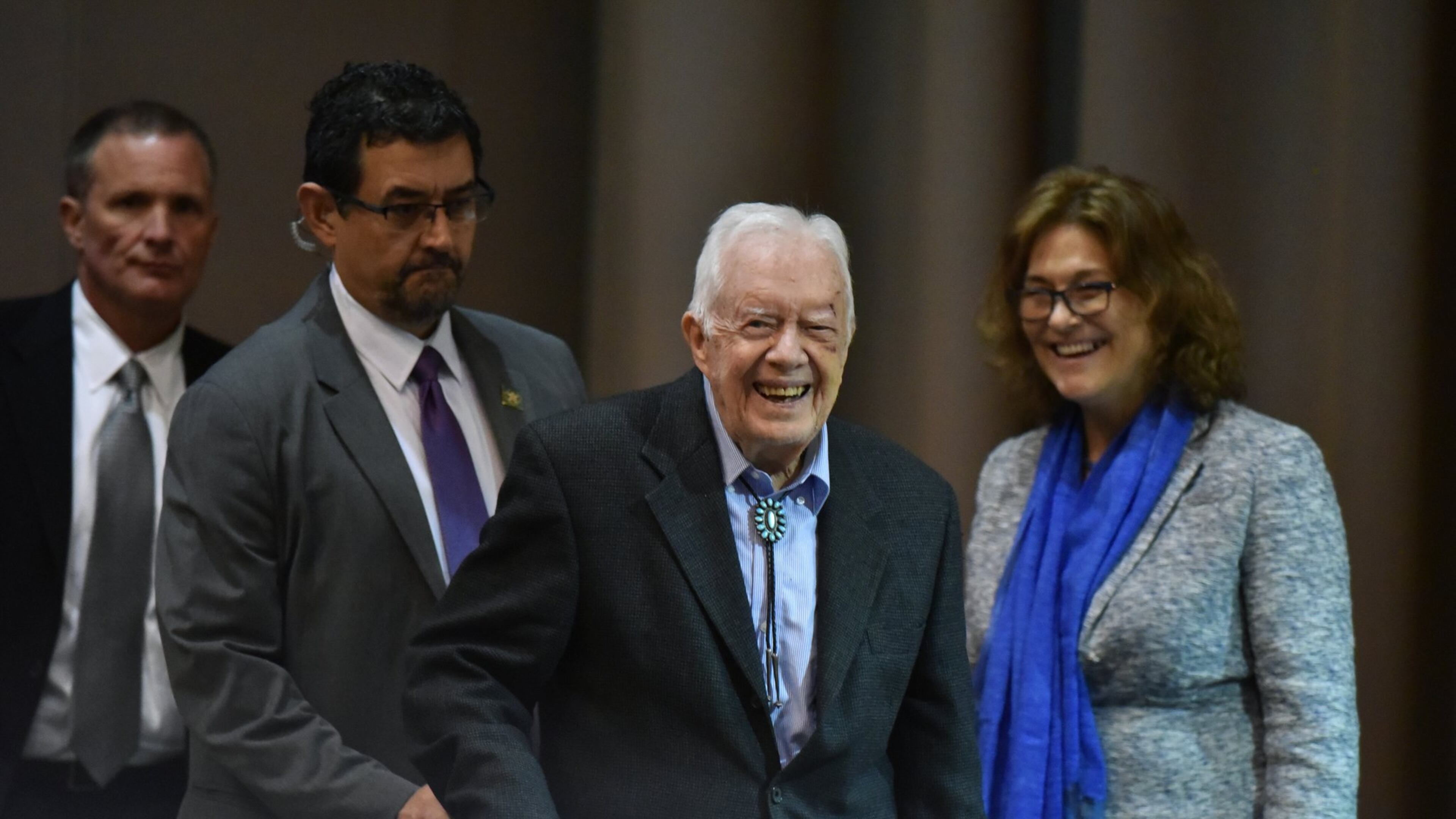 Former President Jimmy Carter with Karin Ryan, the Carter Center’s senior policy adviser for human rights, at this month’s 12th Human Rights Defenders Forum at the Carter Center on Tuesday, October 15, 2019. Carter has been walking with a cane since breaking his hip in May. On Monday, he fell and fractured his pelvis. (Hyosub Shin / Hyosub.Shin@ajc.com)