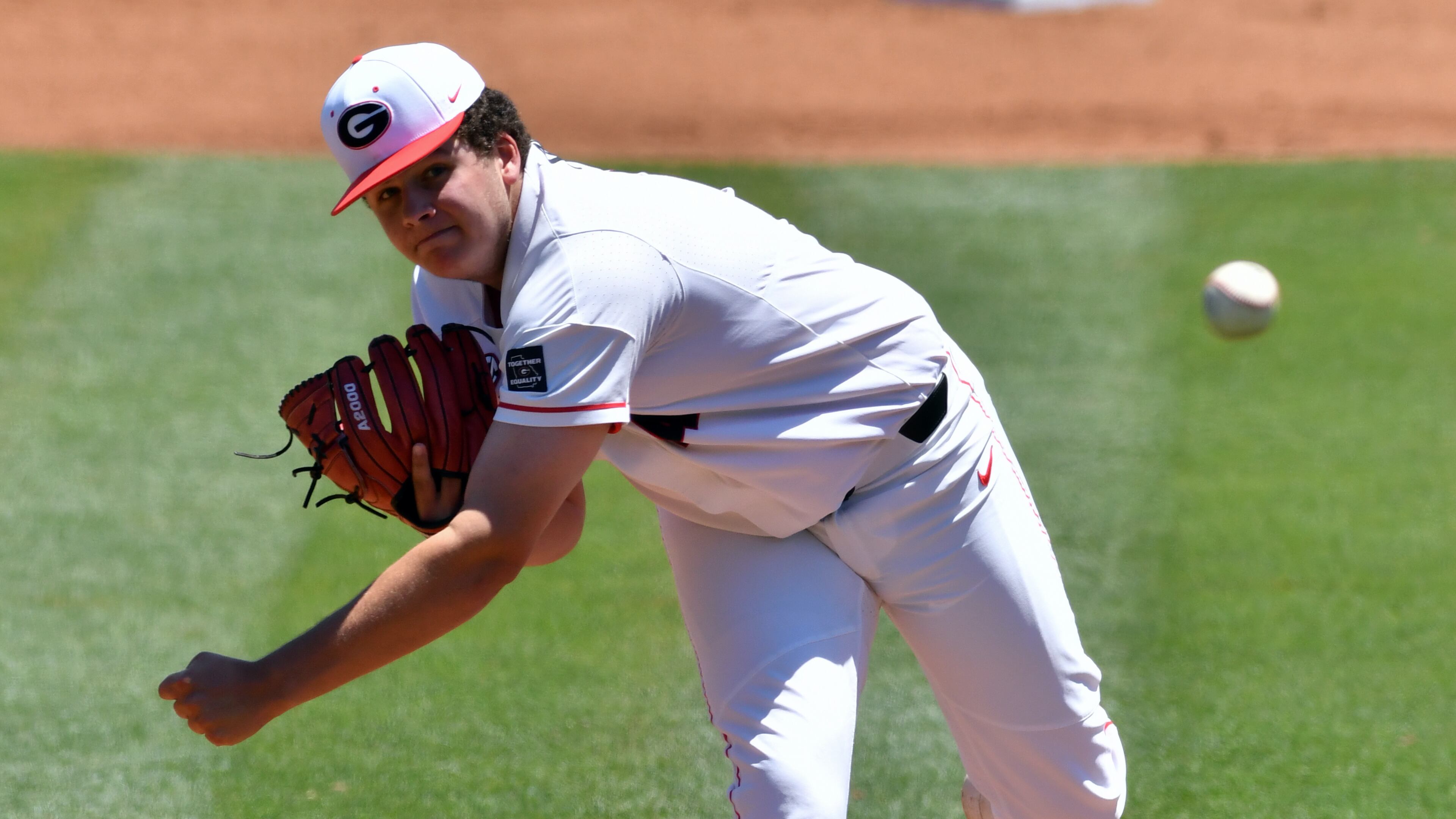 Georgia freshman Liam Sullivan, here pitching against Auburn at Foley Field on May 1, 2021, will get his first career start on the road against No. 1 Arkansas on Friday night. (Photo by Rob Davis/UGA Athletics)