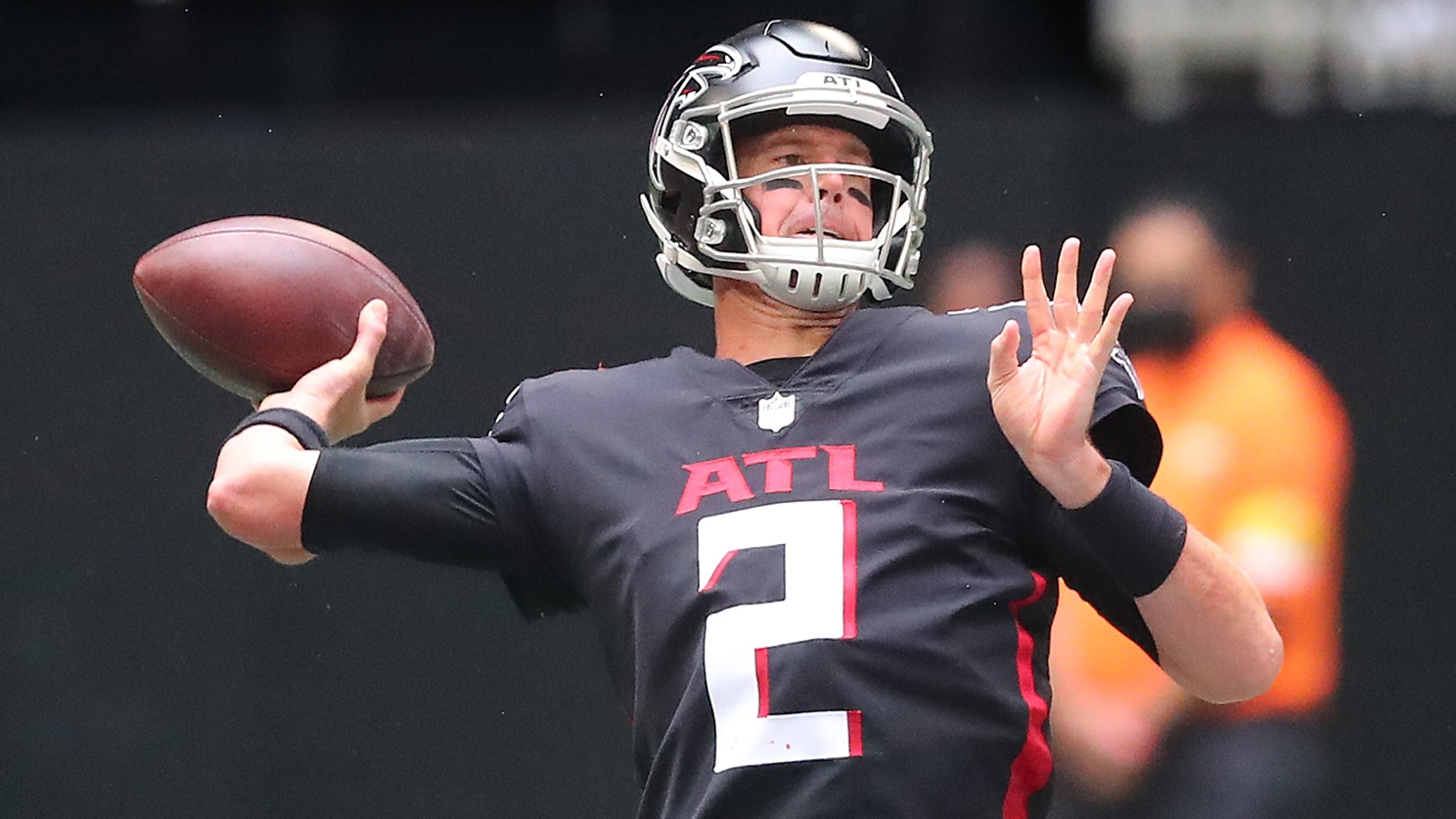 Falcons quarterback Matt Ryan unloads a long touchdown pass to running back Cordarrelle Patterson to take a 10-0 lead over the Washington Football Team during the second quarter Sunday, Oct. 3, 2021, at Mercedes-Benz Stadium in Atlanta. (Curtis Compton / Curtis.Compton@ajc.com)