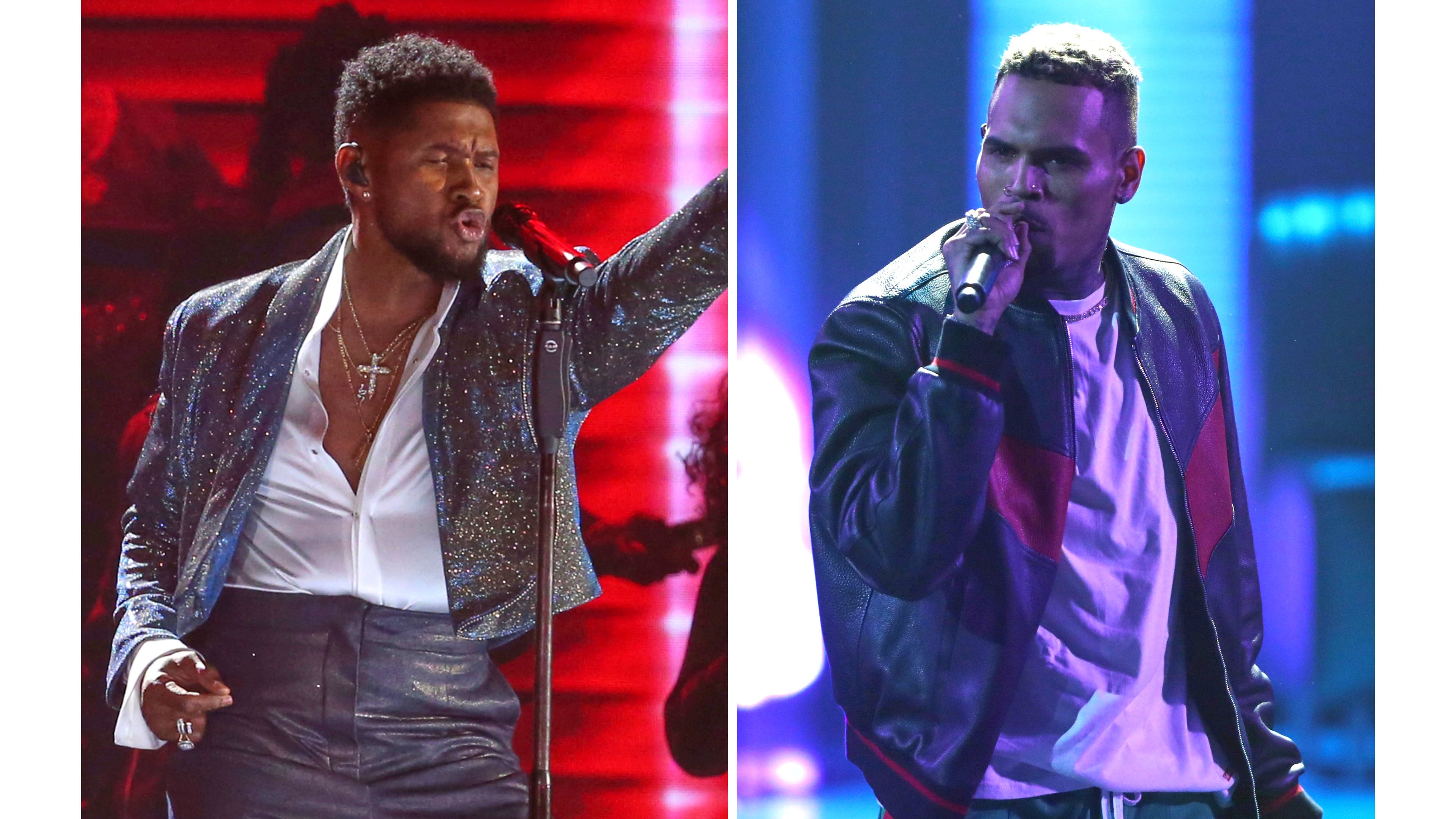 Usher performs during a Prince tribute at the 62nd annual Grammy Awards in Los Angeles on Jan. 26, 2020, left, and Chris Brown performs at the BET Awards in Los Angeles on June 25, 2017. (AP Photo)