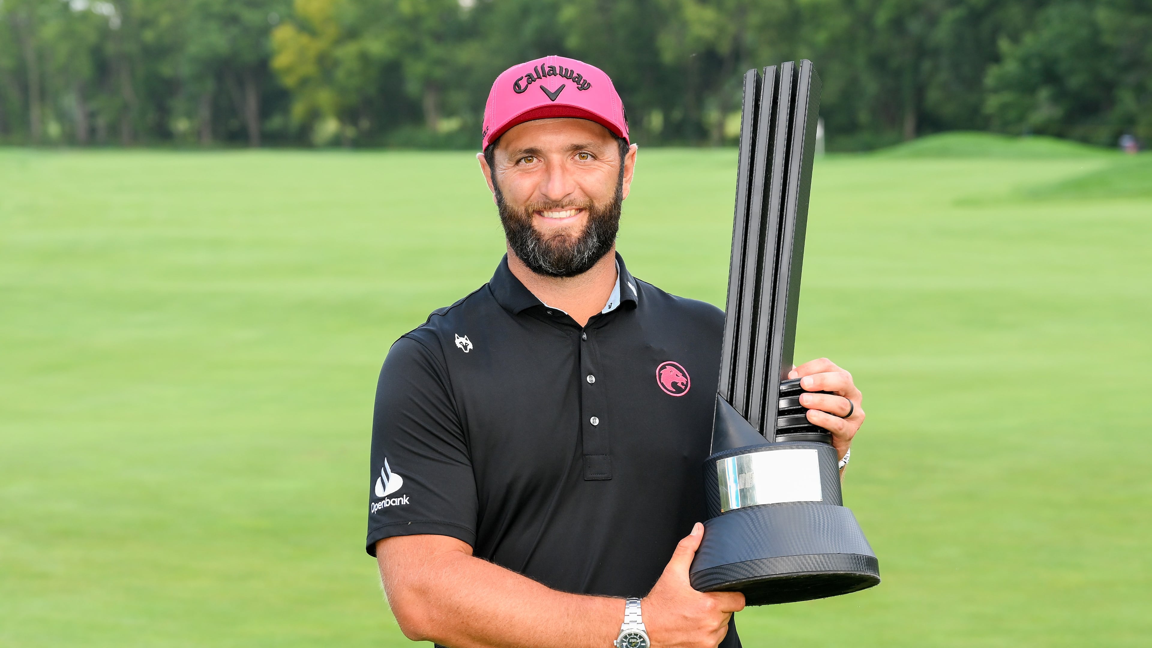 LIV Golf season-long champion captain Jon Rahm, of Legion XIII, poses with the trophy after the final round of LIV Golf Indianapolis, Sunday, Aug. 23, 2026, in Westfield, Ind. (Montana Pritchard/LIV Golf via AP)