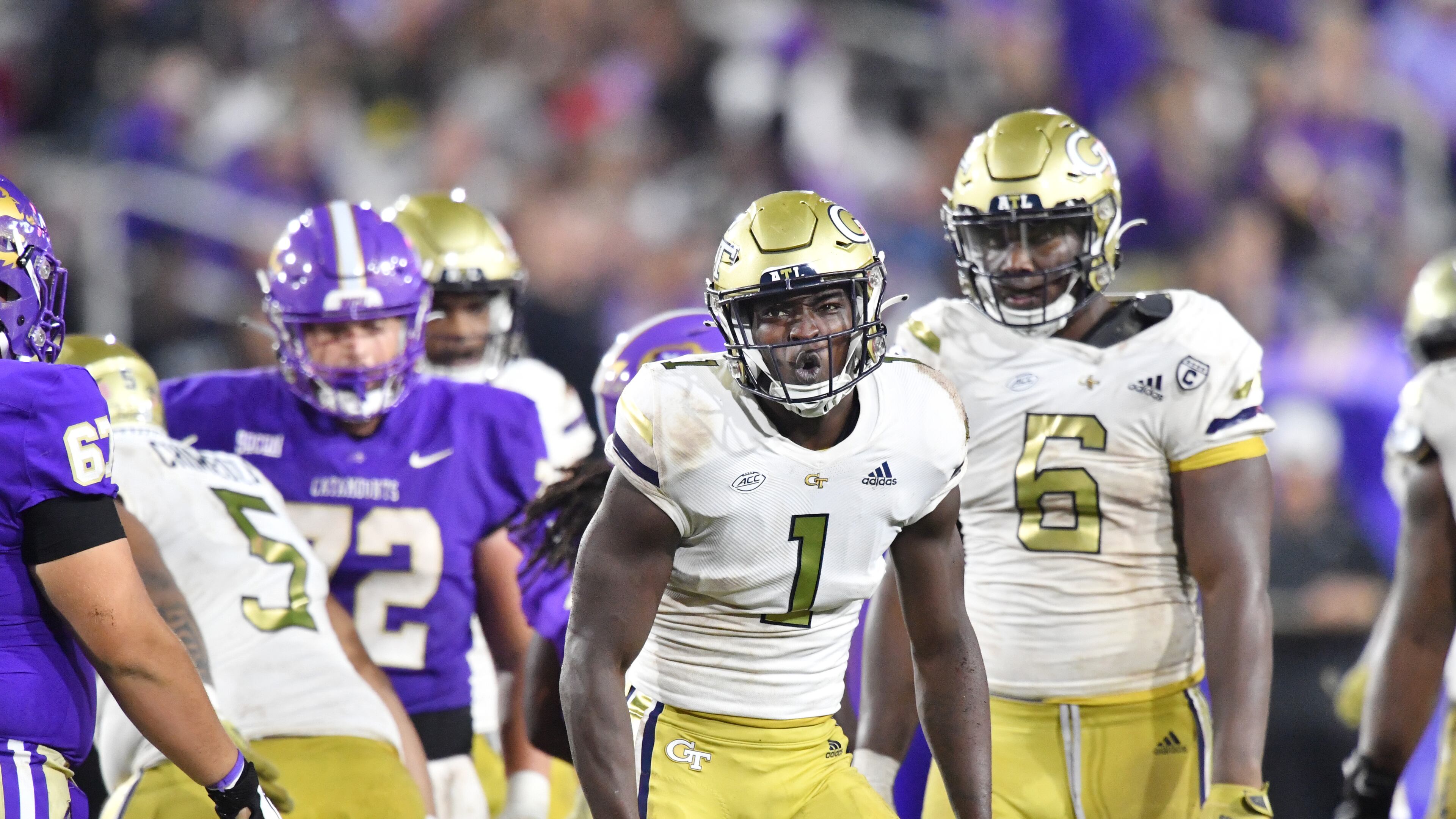 Georgia Tech linebacker Charlie Thomas reacts during the second half Saturday against Western Carolina. Georgia Tech won 35-17 but knows it will need to play better to defeat No. 20 Ole Miss this weekend. (Hyosub Shin / Hyosub.Shin@ajc.com)