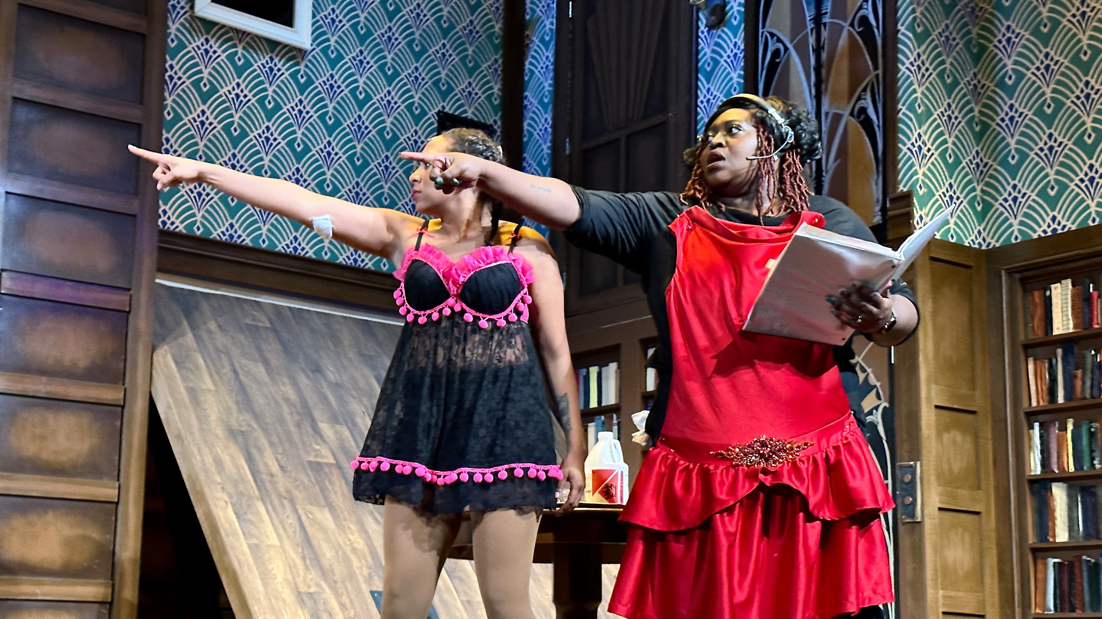 In the play-within-a-play, Annie the Stage Manager (right), played by Candy McLellan, jumps in at the last minute to fill a role with Sandra, played by Arianna Hardaway. Photo: Bruce Johnson Photography