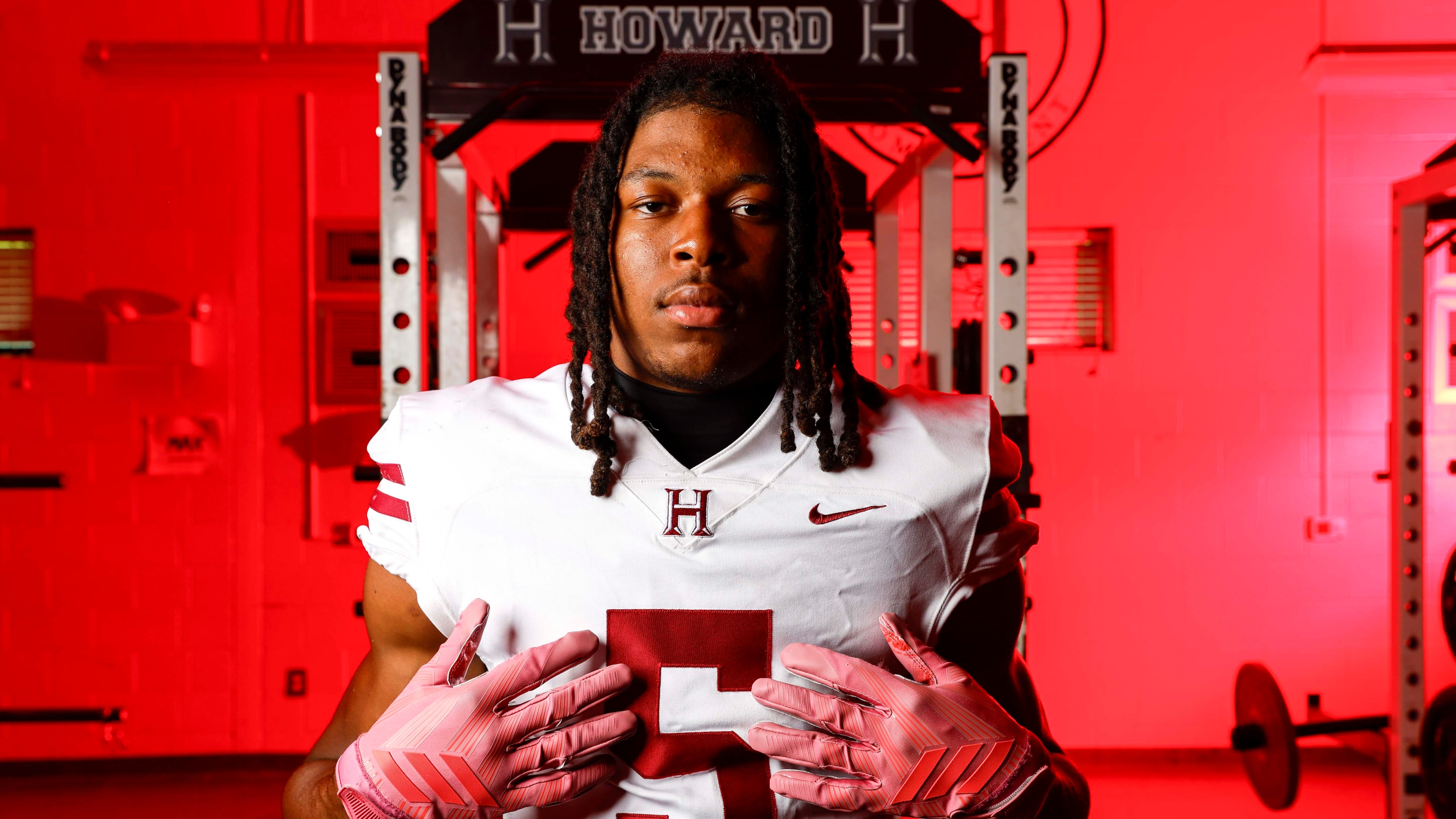 Ta’Shawn Poole poses for a portrait at Howard High in Macon in July. Poole had six touchdown receptions in a victory over Baldwin on Sept. 18, 2026. (Miguel Martinez/AJC)