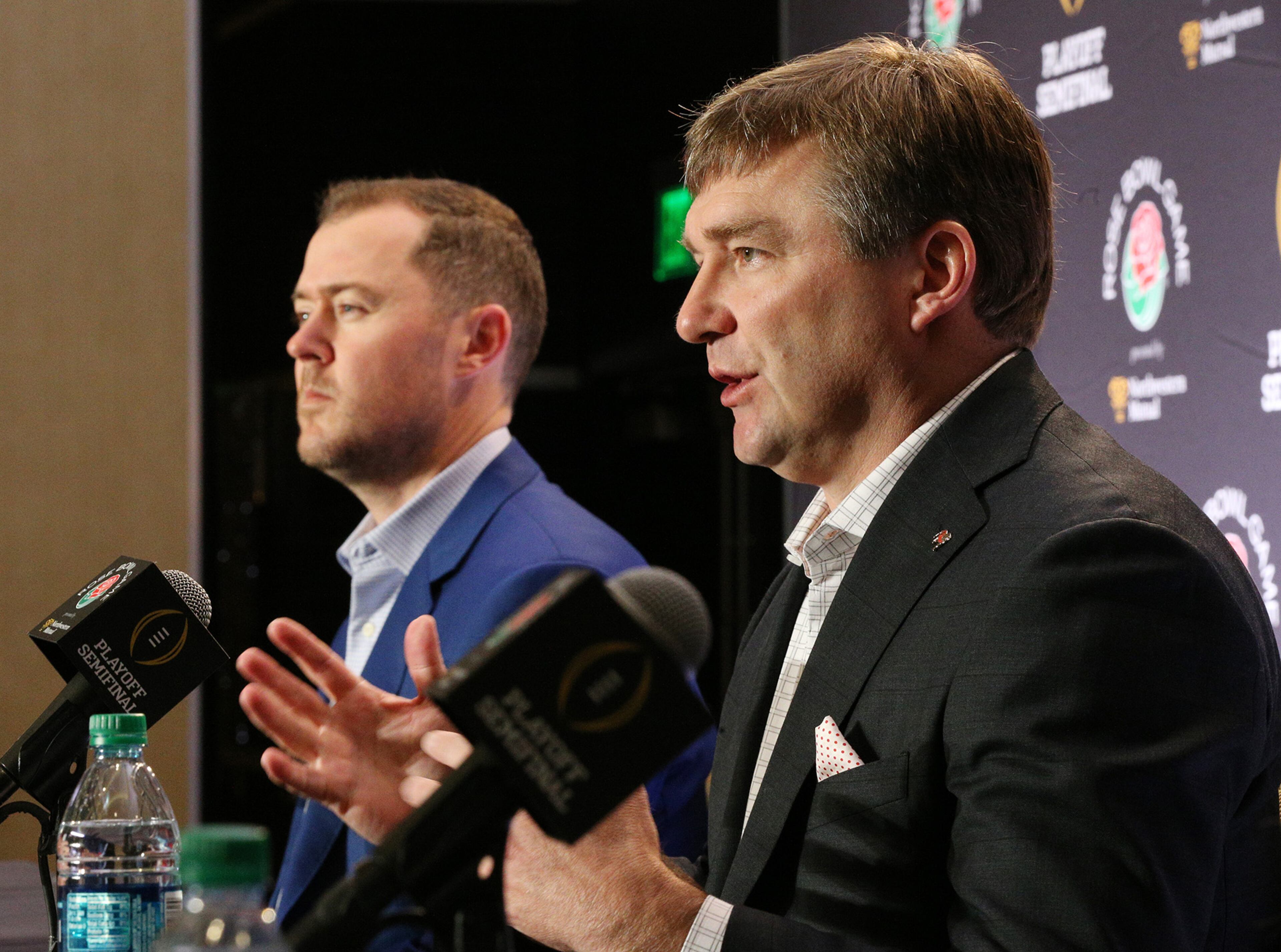 December 31, 2017 Los Angeles: Georgia head coach Kirby Smart (right) and Oklahoma head coach Lincoln Riley take questions during the head coach press conference for the Rose Bowl on Sunday, December 31, 2017, in Los Angeles. Curtis Compton/ccompton@ajc.com