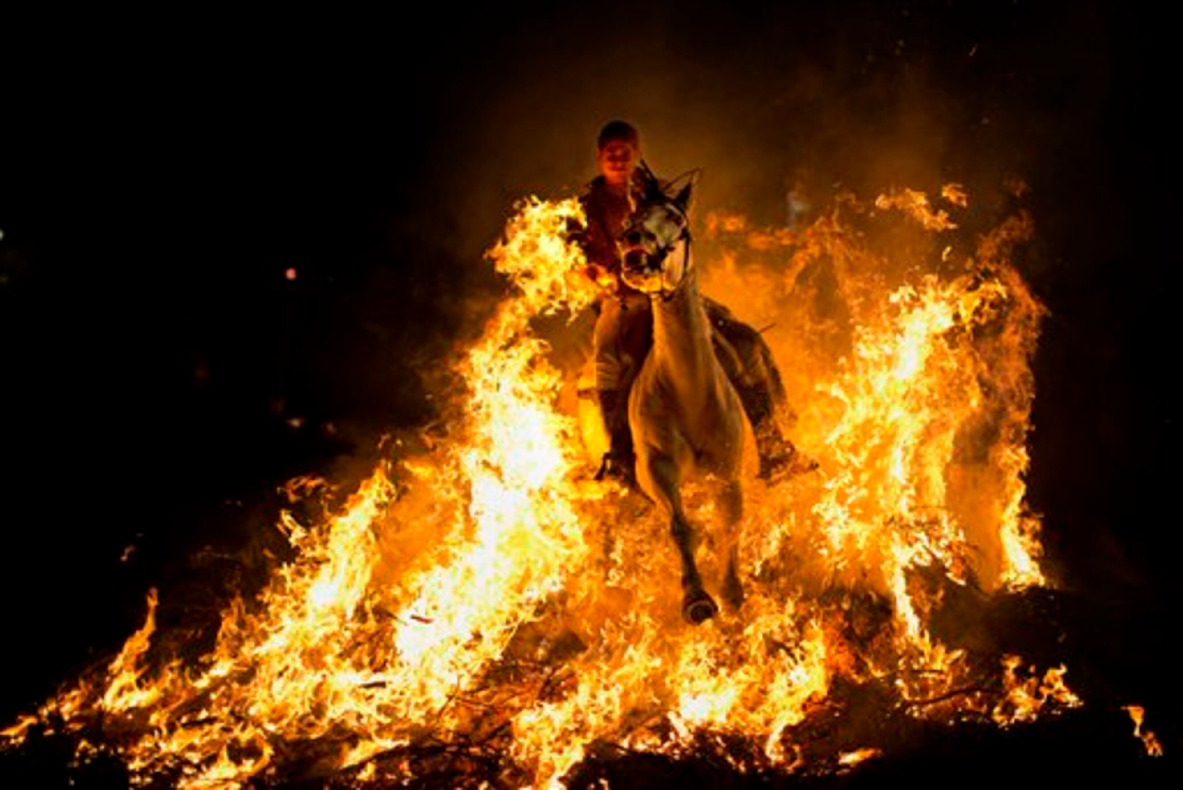 A man rides a horse through a bonfire as part of a ritual in honor of Saint Anthony, the patron saint of animals, in San Bartolome de Pinares, about 100 km west of Madrid, Spain on Thursday, Jan. 16, 2014. On the eve of Saint Anthony's Day, hundreds ride their horses through the narrow cobblestone streets of the small village of San Bartolome during the "Luminarias," a tradition that dates back 500 years and is meant to purify the animals with the smoke of the bonfires and protect them for the year to come. (AP Photo/Emilio Morenatti)