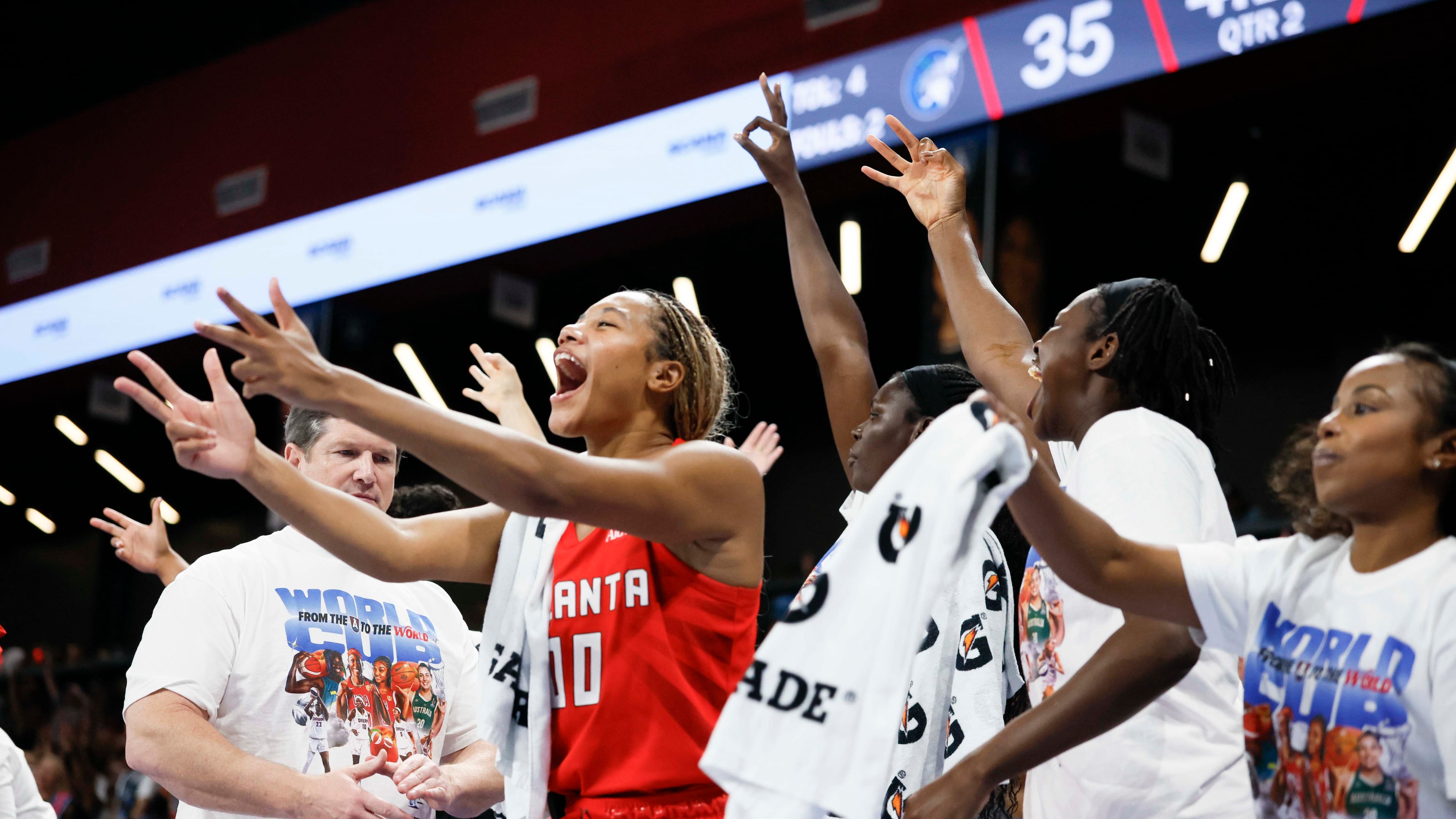 Dream forward Naz Hillmon (center) celebrates with teammates during their game against the Minnesota Lynx on Sunday, Aug. 30, 2026, in Atlanta. The playoffs tip off Sunday, when the Dream are set to face the Mystics at State Farm Arena. (Miguel Martinez/ AJC)