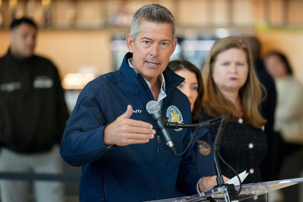 U.S. Transportation Secretary Sean Duffy speaks during a news conference at LaGuardia Airport in March. (Seth Wenig/AP)