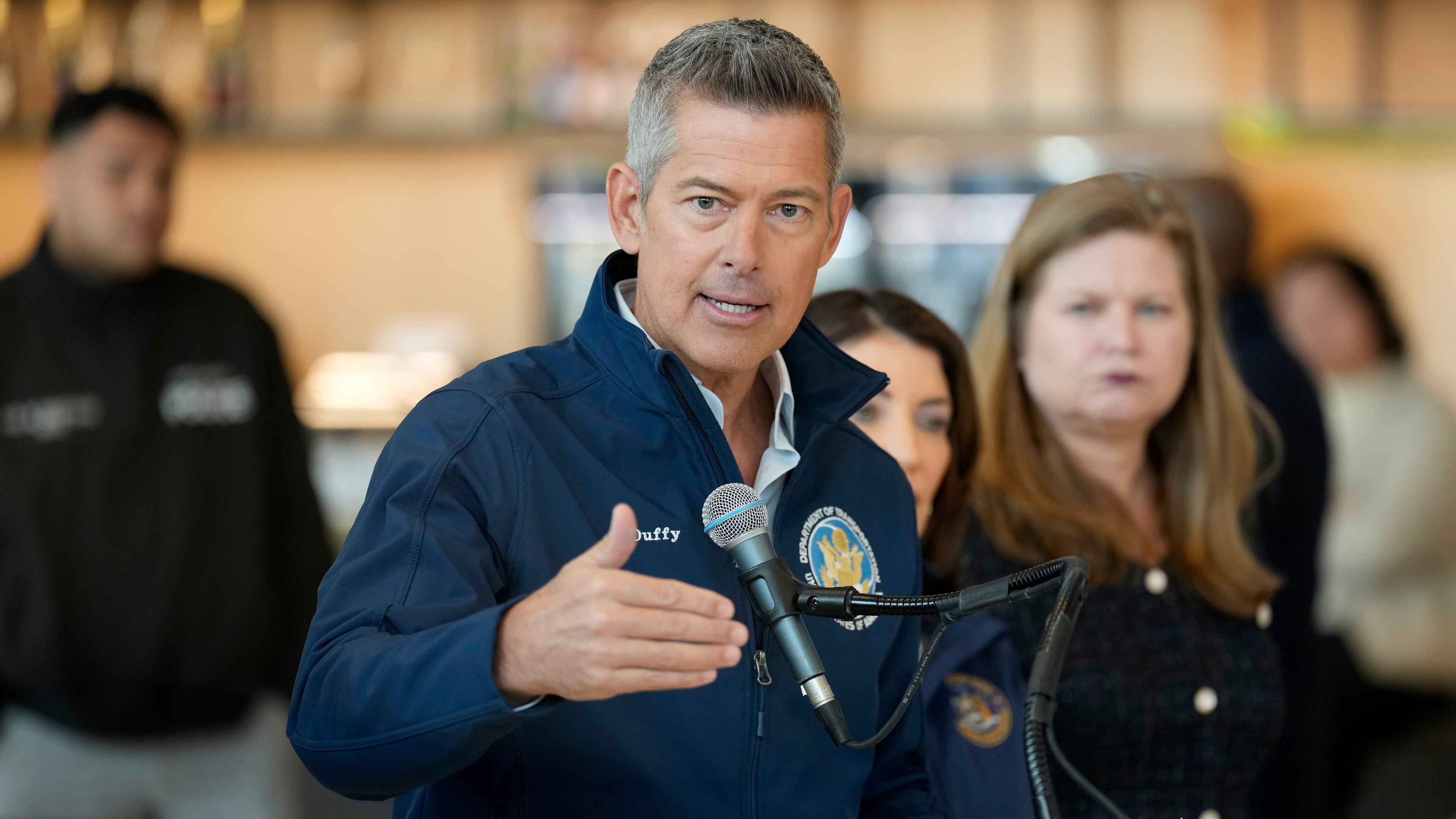 U.S. Department of Transportation Secretary Sean Duffy speaks during a news conference at LaGuardia Airport in March. “Every American should be disturbed by the horrific crimes we have seen on MARTA in the last month,” Duffy said in a statement. (Seth Wenig/AP)
