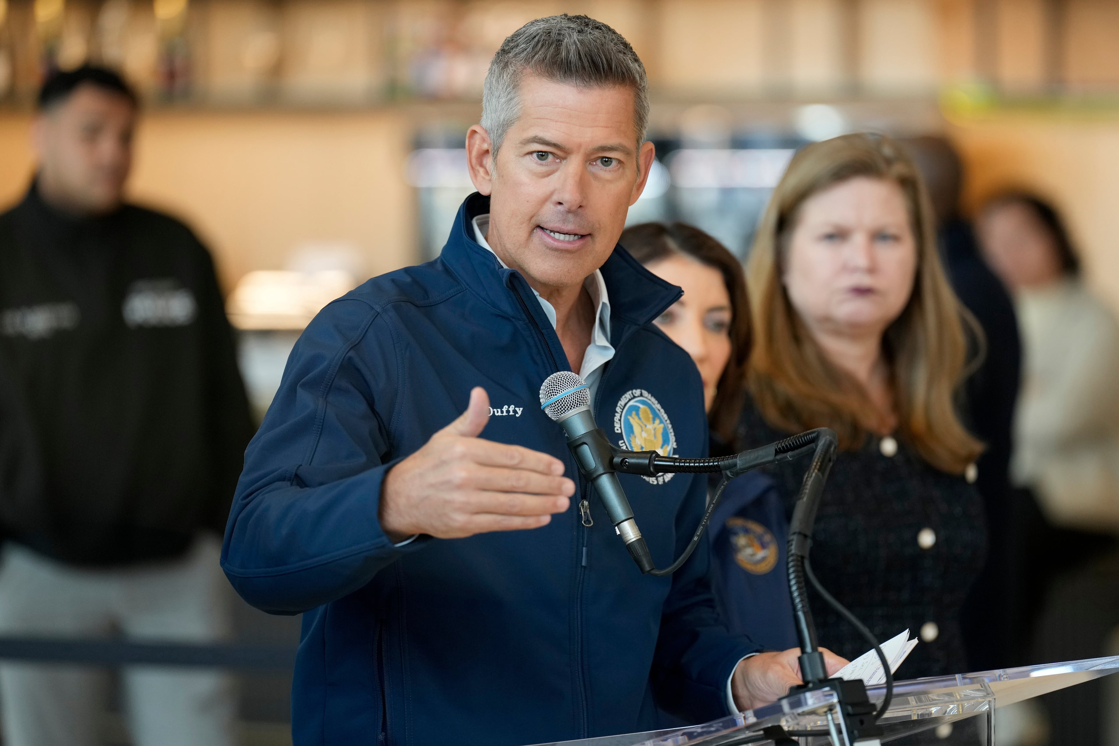 U.S. Department of Transportation Secretary Sean Duffy speaks during a news conference at LaGuardia Airport in March. “Every American should be disturbed by the horrific crimes we have seen on MARTA in the last month,” Duffy said in a statement. (Seth Wenig/AP)