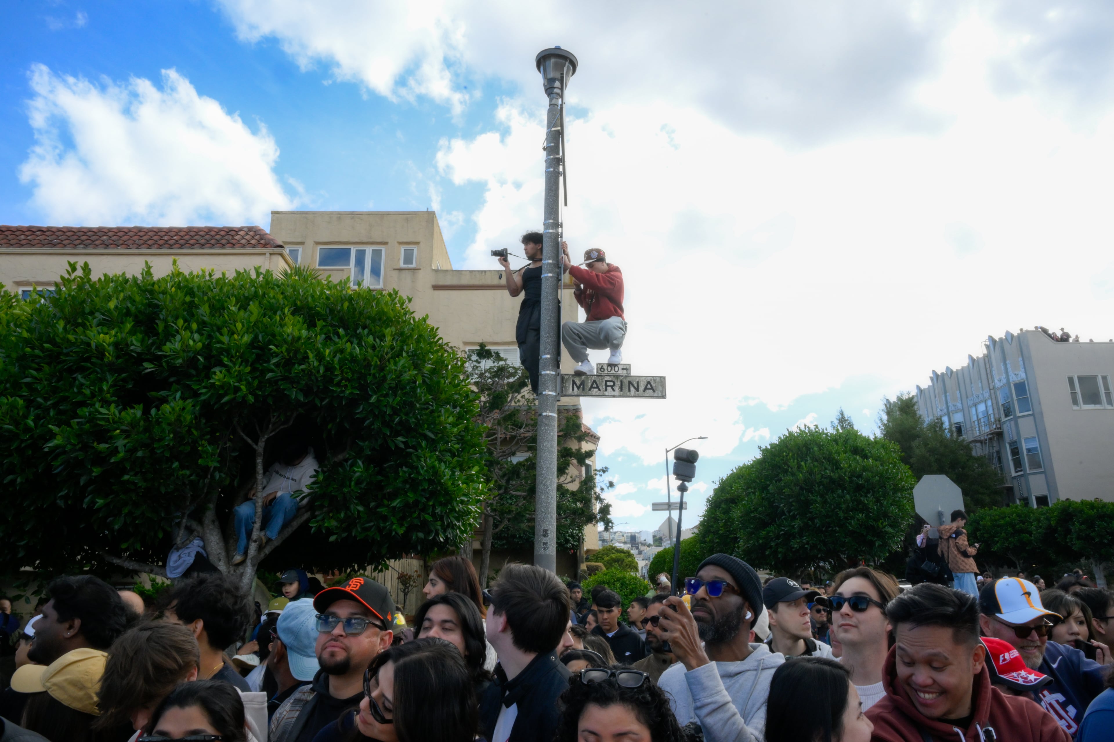 Tens of thousands flock Marina Boulevard to watch the Red Bull Showrun presented by Ford, a Formula One demonstration in San Francisco on February 21, 2026. (Tayfun Coskun/Anadolu via Getty Images)