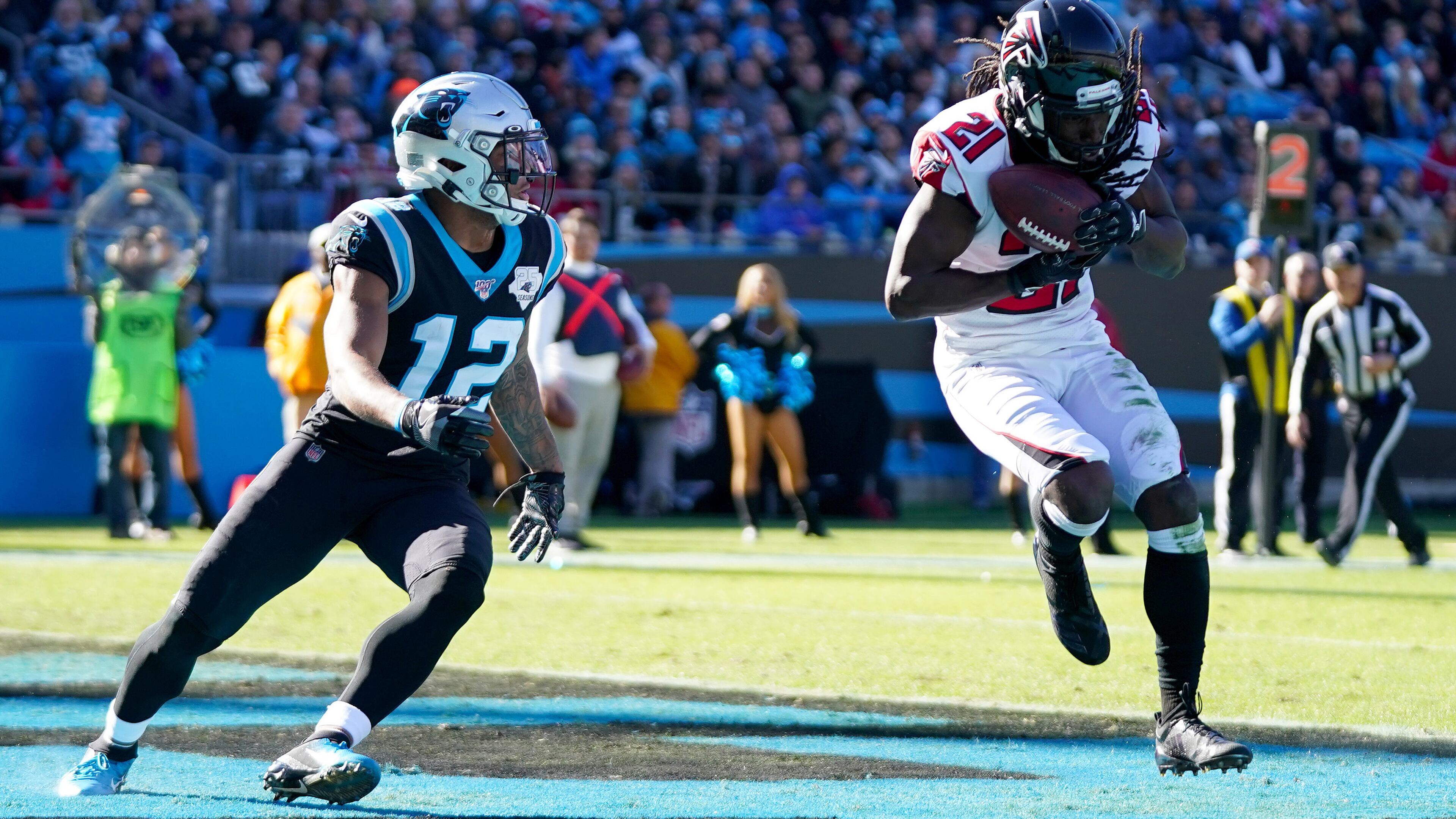 Falcons cornerback Desmond Trufant makes an interception in the end zone during the second quarter Sunday, Nov. 19, 2019, at Bank of America Stadium in Charlotte.