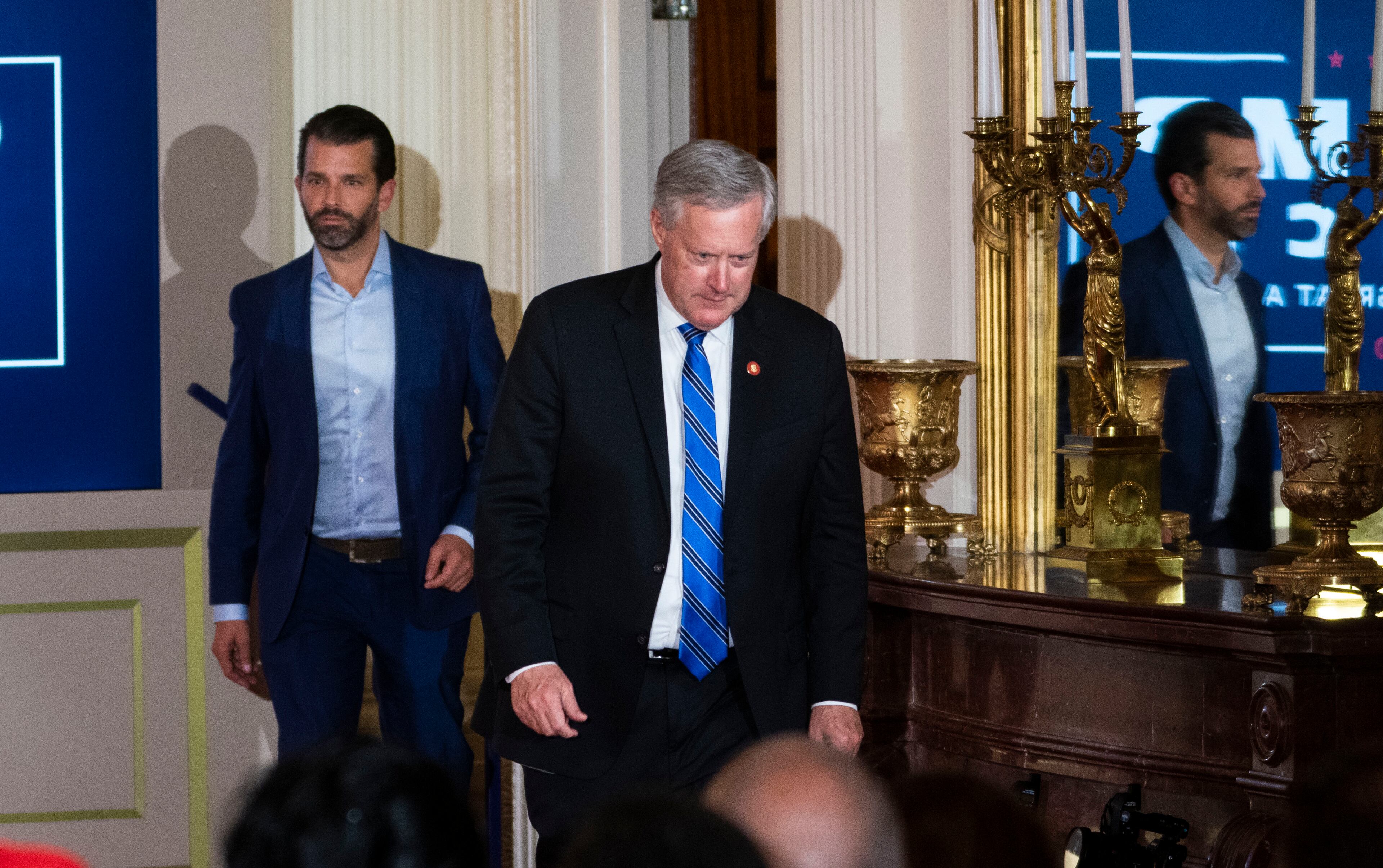 Then-White House Chief of Staff Mark Meadows arriving with members of then-President Donald Trump’s family to the East Room of the White House, in Washington on Nov, 4, 2020. (Doug Mills/The New York Times)