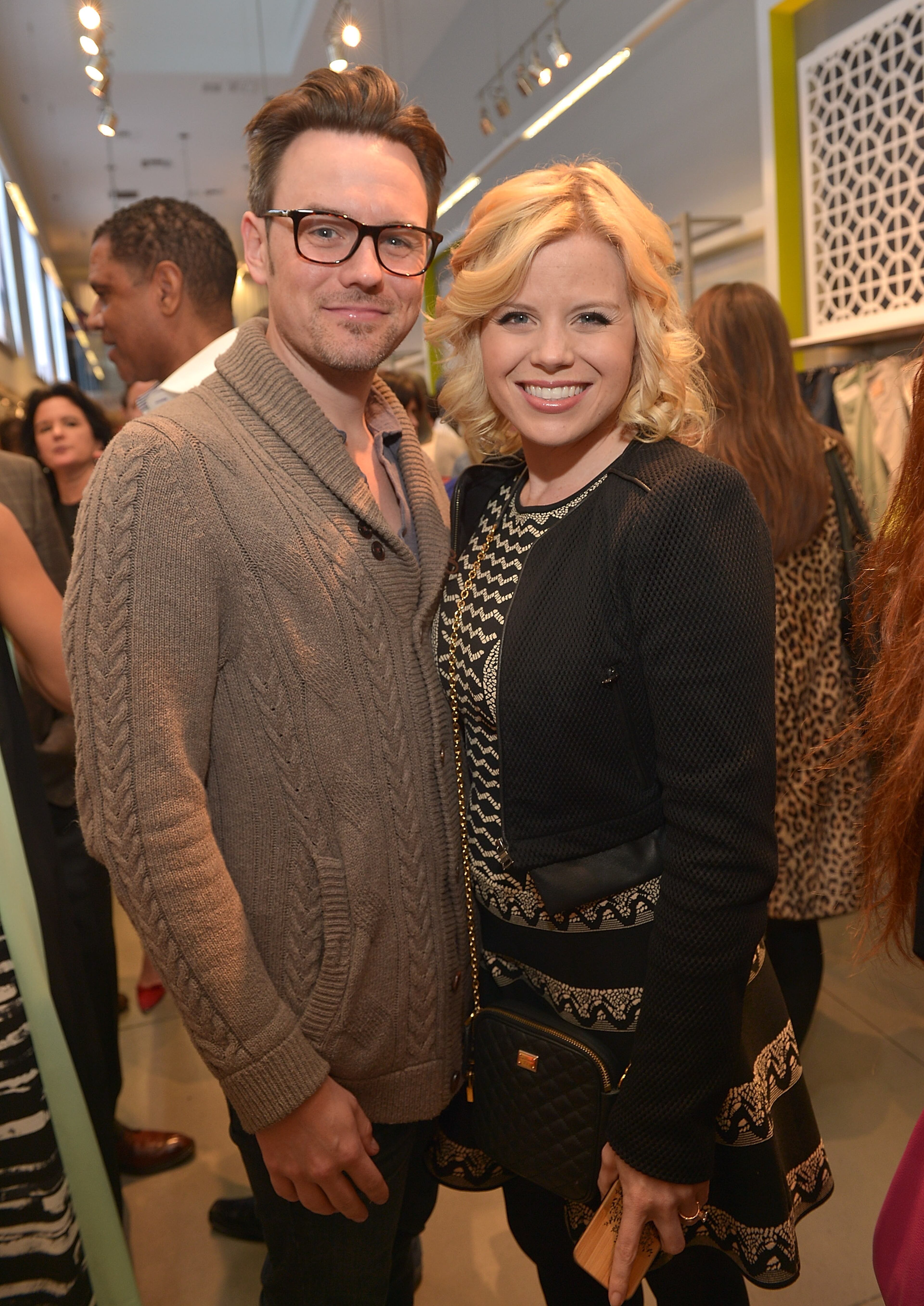 Actress Megan Hilty (R) and Brian Gallagher celebrate the launch of Jennifer Love Hewitt's new maternity line, 'L By Jennifer Love Hewitt' at A Pea In The Pod on April 1, 2014 in Beverly Hills, California.