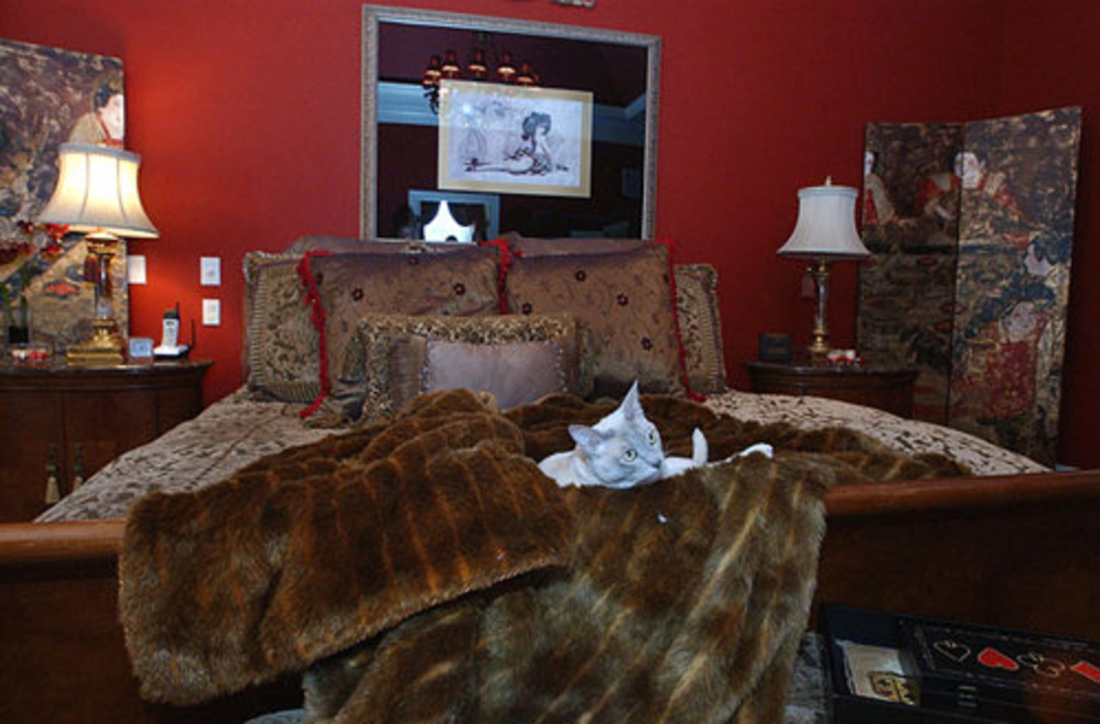 Another of Taylor's cats makes herself at home on the faux mink throw in the bedroom. The painting over the bed is called "Little Dragon.