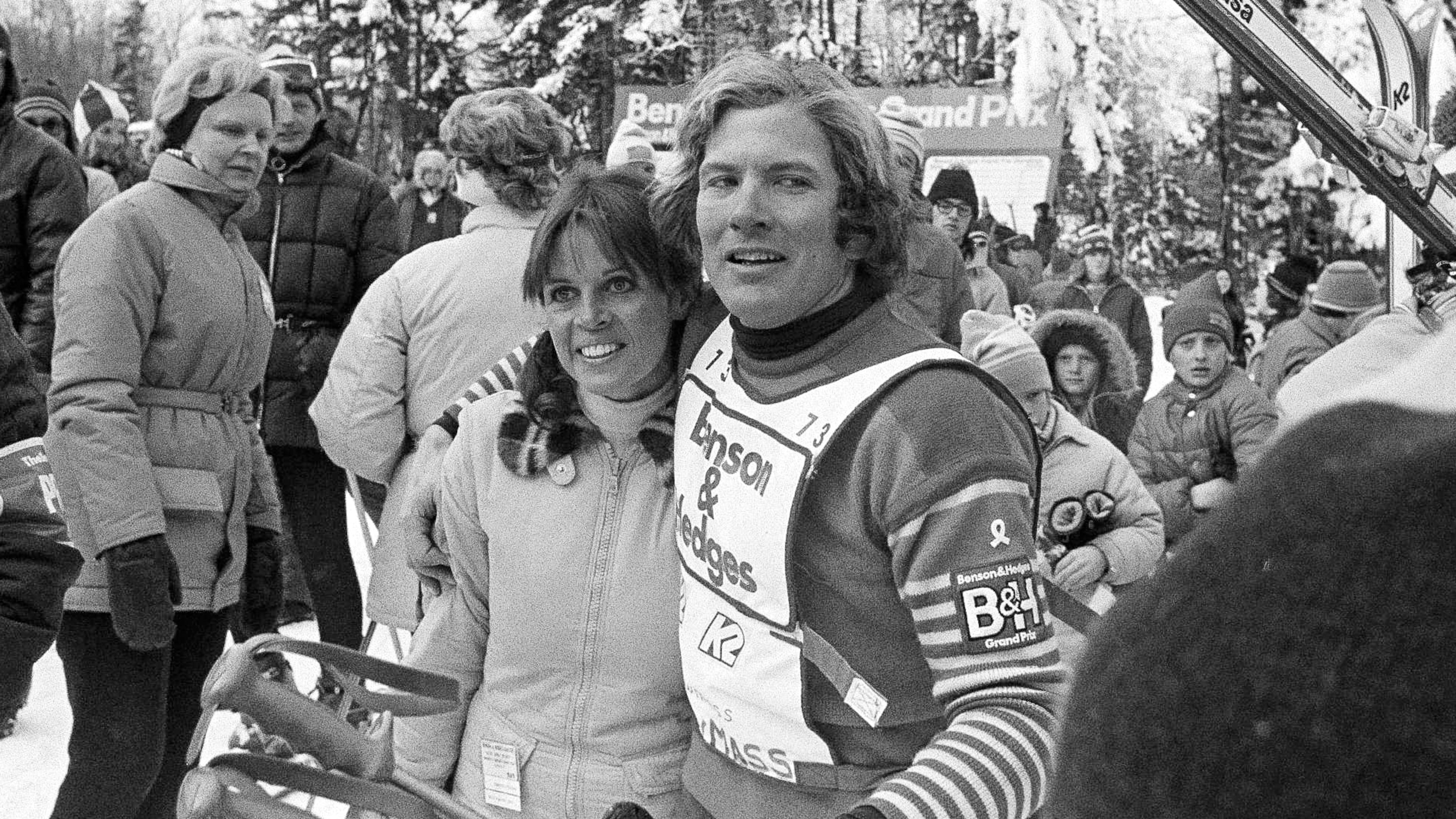 FILE - Claudine Longet and Vladimir "Spider" Sabich, right, appear at the Benson and Hedges Slalom Classic ski meet at Mount Snow in West Dover, Vt., on Jan. 6, 1974. (AP Photo/J. Walter Green, File)