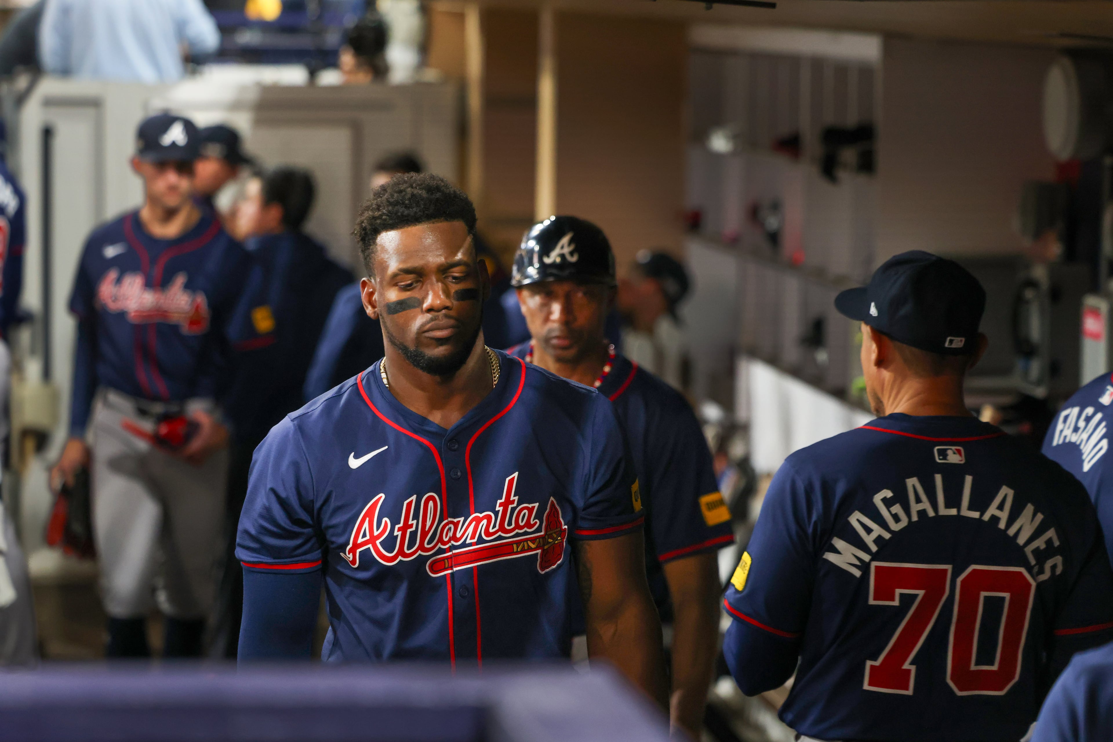 Atlanta Braves’ Jorge Soler and teammates react after losing to the San Diego Padres 5-4 in National League Division Series Wild Card Game Two at Petco Park in San Diego on Wednesday, Oct. 2, 2024. The Padres advance to the Division Series to face the Los Angeles Dodgers. (Jason Getz / Jason.Getz@ajc.com)