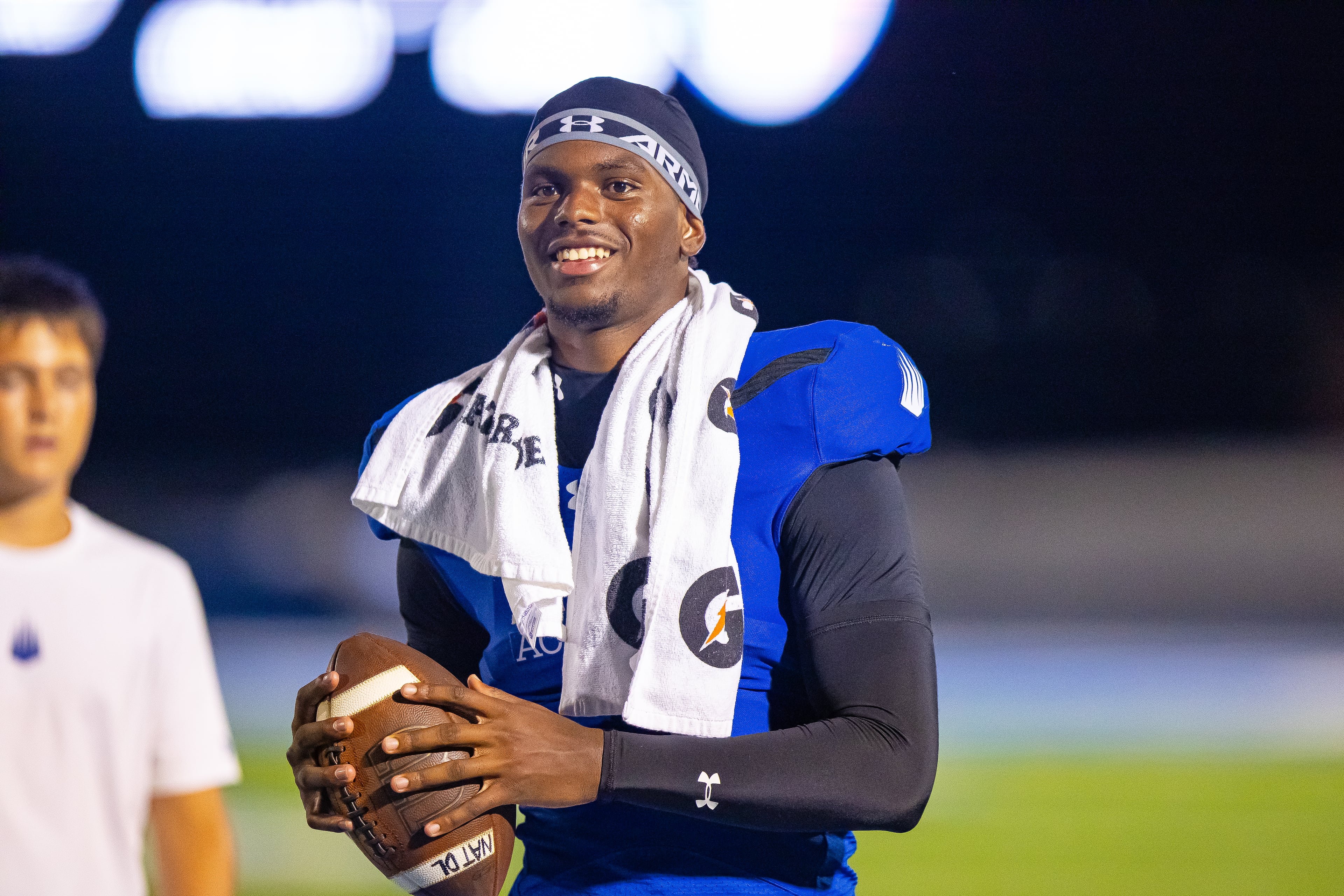 IMG Academy 5-star QB Jayden Wade stays warm on the sidelines against Cornerstone Christian on Saturday, August 29, 2026, in Bradenton, Fla.
Wade is currently committed to Georgia. (Jeff Sentell/ DawgNation)