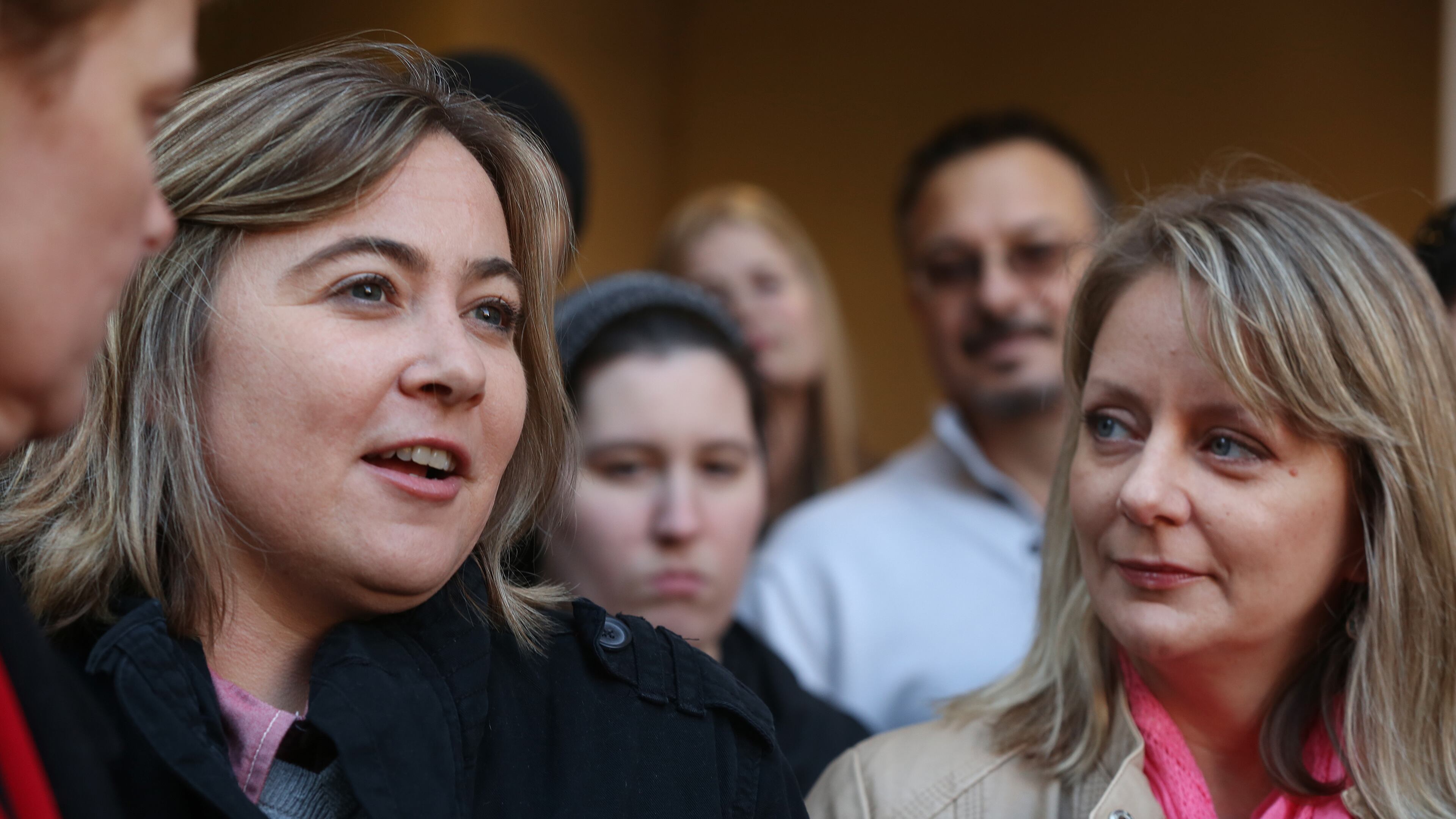 Cari Searcy, left, and her wife Kim McKeand, plaintiffs in the case that struck down Alabama's same-sex marriage ban, hold a press conference with their lawyers in front of the Mobile County Marriage License Office at Probate Court in Mobile, Ala., on Monday Jan. 26, 2015. Alabama on Monday began the process of appealing a federal judge's decision that overturned the state's ban on same-sex marriage, a decision that was put on hold to allow time for the appeal. (AP Photo/AL.com, Sharon Steinmann) MAGS OUT Cari Searcy, left, and her wife Kim McKeand, plaintiffs in the case that struck down Alabama's same-sex marriage ban, hold a press conference with their lawyers in front of the Mobile County Marriage License Office at Probate Court in Mobile, Ala., on Monday. AP/AL.com, Sharon Steinmann