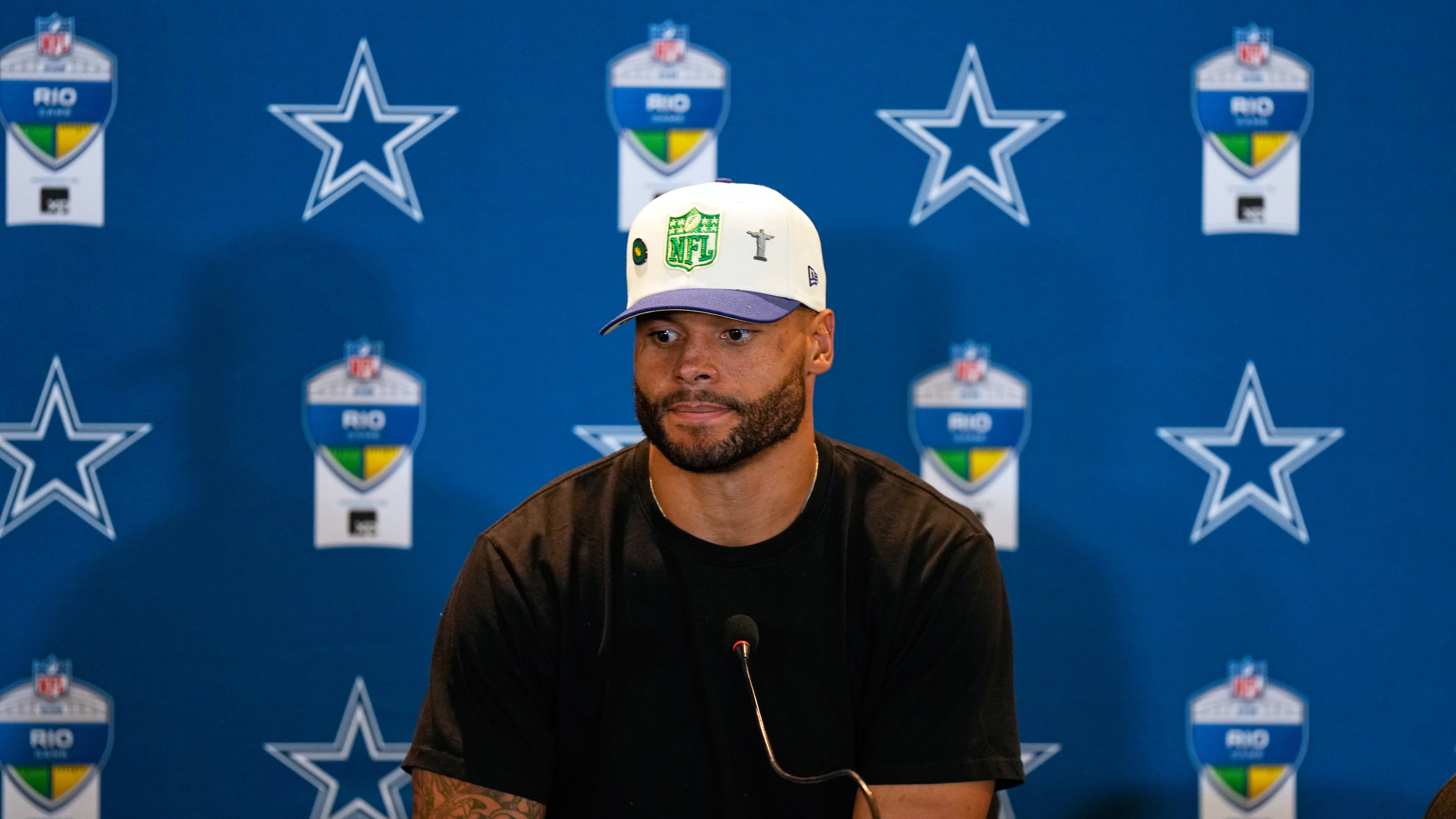 Dallas Cowboys quarterback Dak Prescott speaks during a press conference after an NFL football game against the Baltimore Ravens in Rio de Janeiro, Sunday, Sept. 27, 2026. (AP Photo/Fernando Llano)