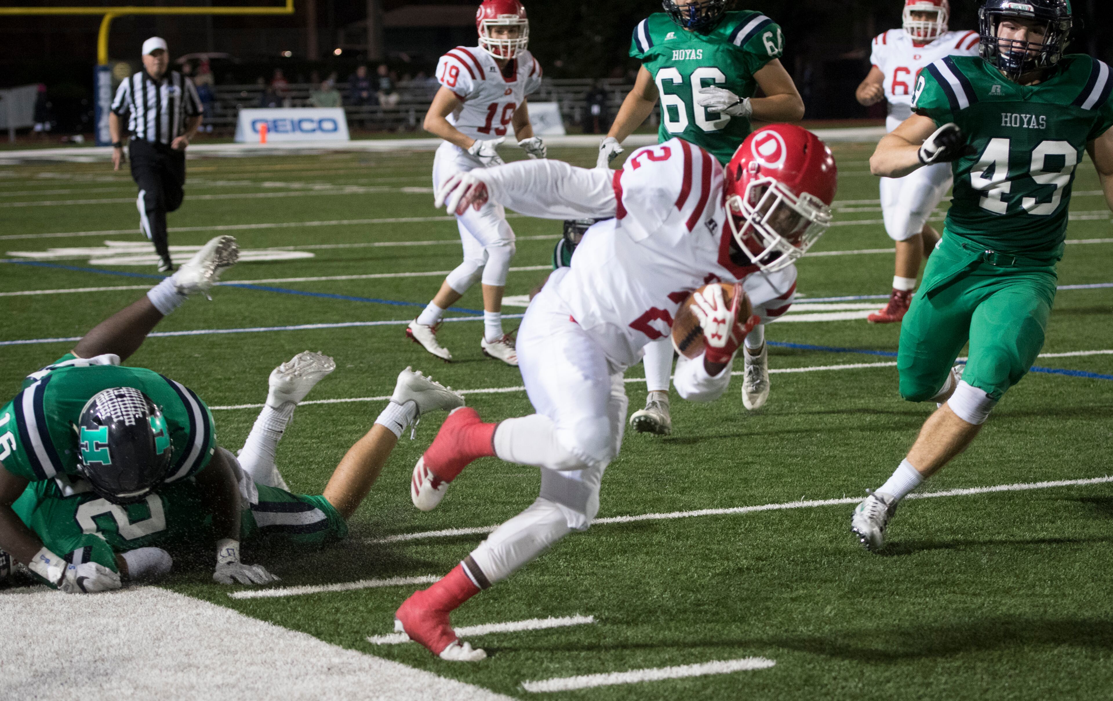Dalton's Jai'den Montgomery (2) leaves Harrison defenders on the sideline as he rushes during a high school football game on Thursday, Oct. 19, 2017, in Kennesaw, Ga. (Special to the Atlanta Journal-Constitution, John Amis )