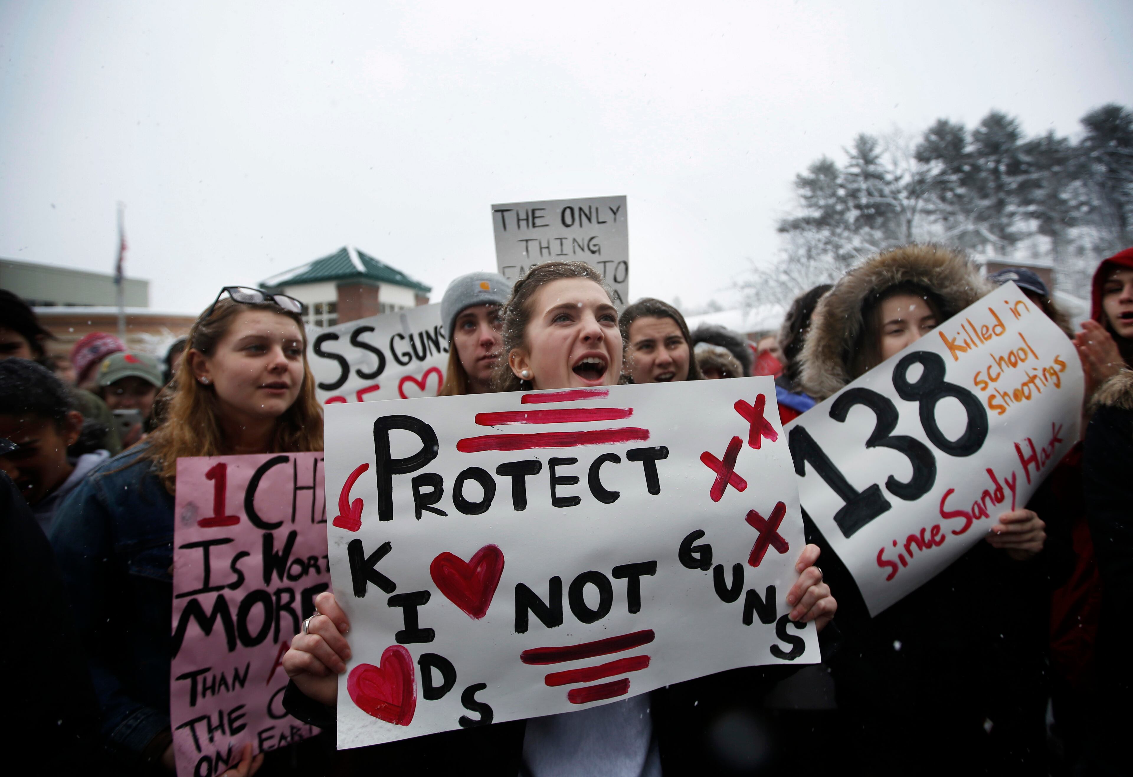 Students at Yarmouth High School chant during a walkout to protest gun violence, Wednesday, March 14, 2018, in Yarmouth, Maine. (AP Photo/Robert F. Bukaty)