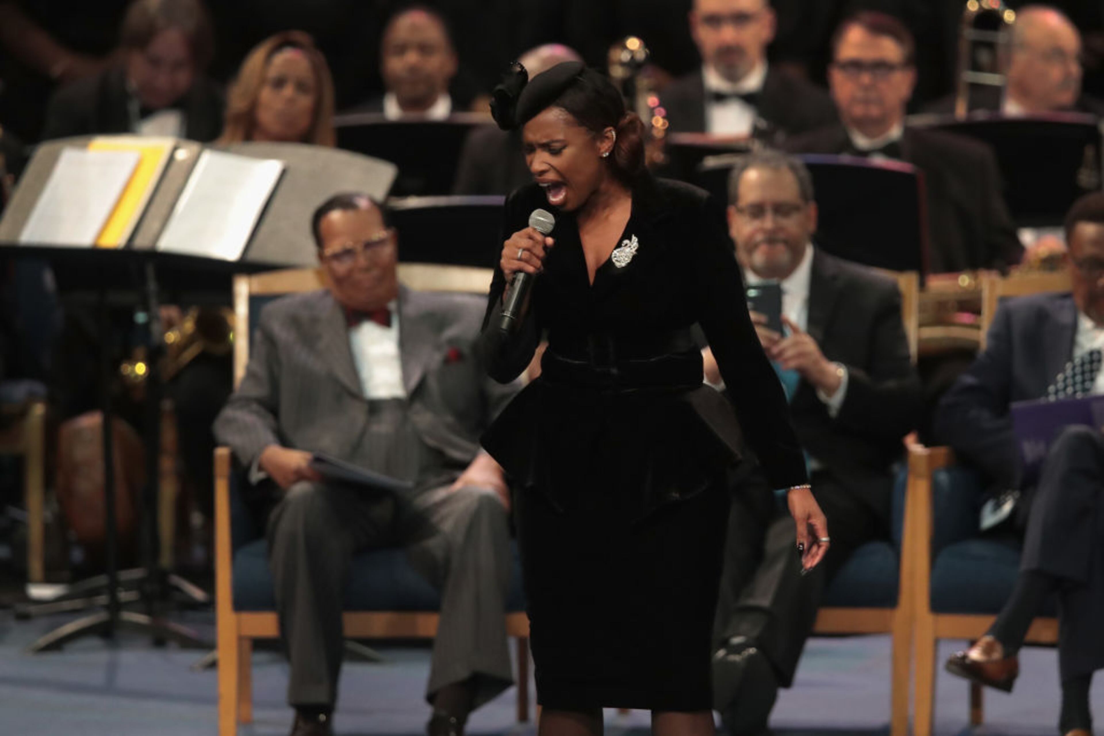 DETROIT, MI - AUGUST 31: Jennifer Hudson performs at the funeral for Aretha Franklin at the Greater Grace Temple on August 31, 2018 in Detroit, Michigan. Franklin, 76, died at her home in Detroit on August 16. (Photo by Scott Olson/Getty Images)