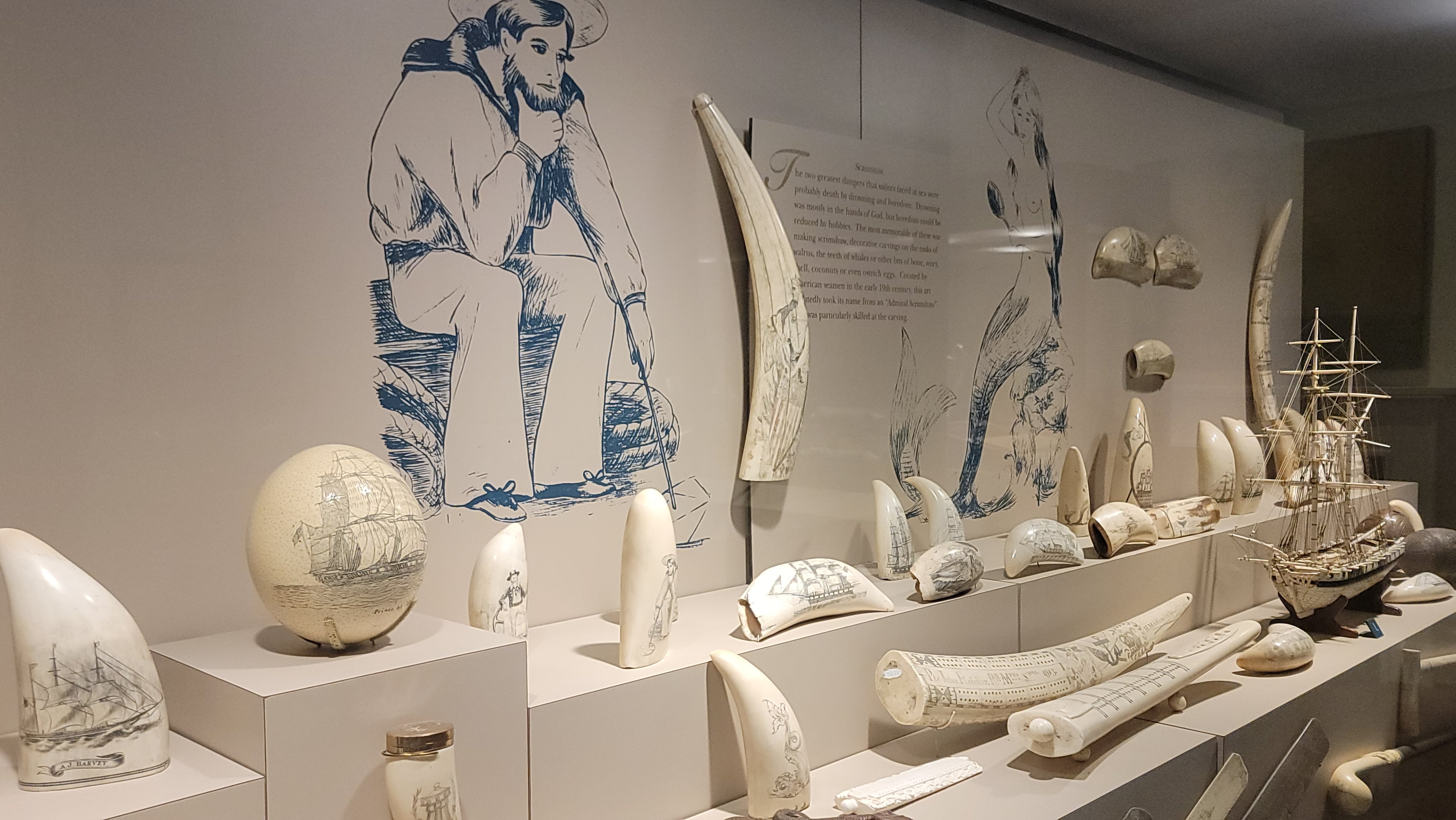 The Ships of the Sea Maritime Museum features an exhibit on scrimshaw, a 19th-century maritime folk art. (Courtesy of Tracey Teo)