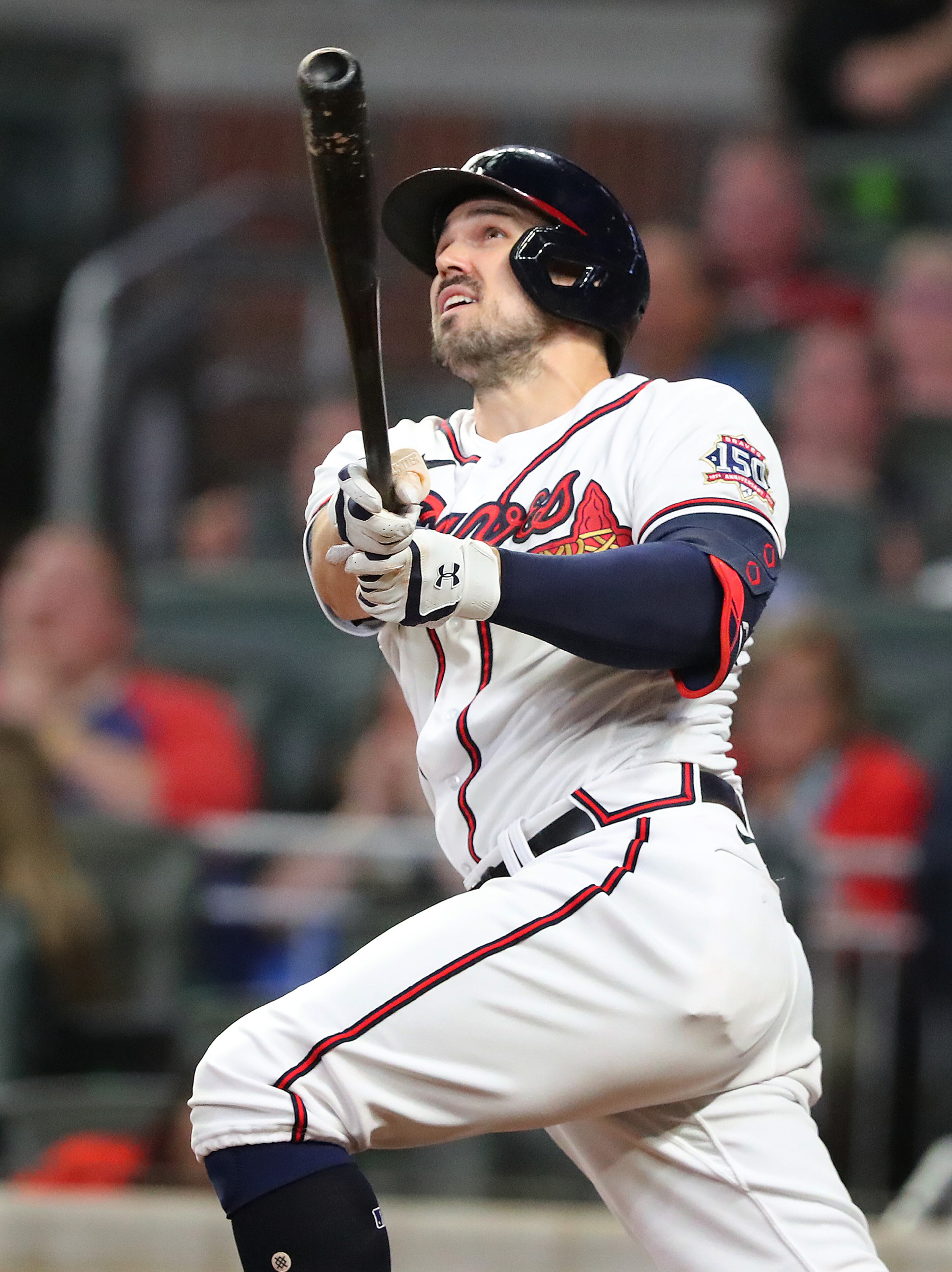 Atlanta Braves outfielder Adam Duvall hits a solo homer to cut the Washington Nationals' lead to 2-1 during the fourth inning in a MLB baseball game on Wednesday, Sept 8, 2021, in Atlanta. “Curtis Compton / Curtis.Compton@ajc.com”