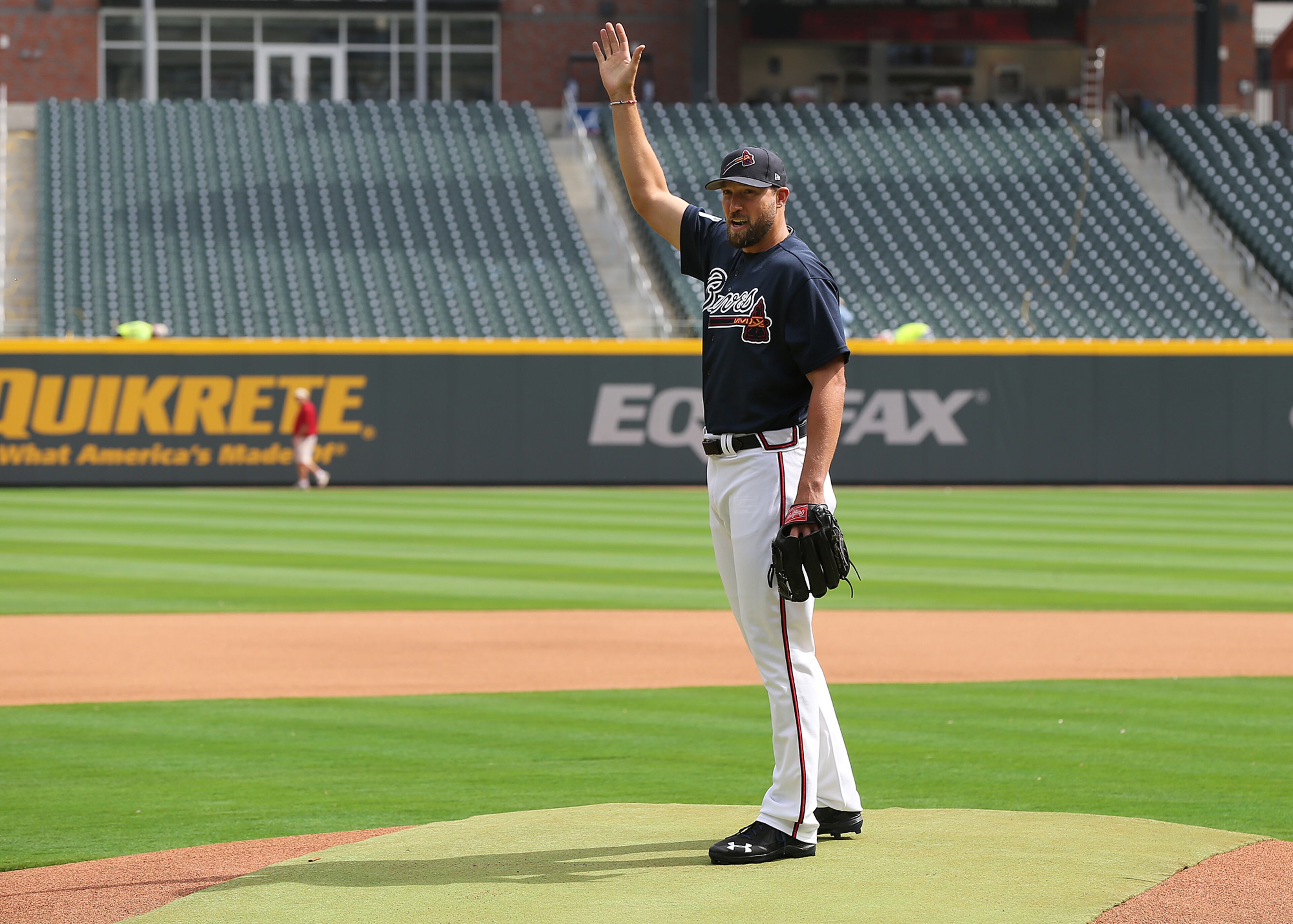 March 30, 2017, Atlanta: Pitcher Jim Johnson checks out the view from the mound while the Atlanta Braves hold their first workout in their new stadium at SunTrust Park on Thursday, March 30, 2017, in Atlanta. Curtis Compton/ccompton@ajc.com