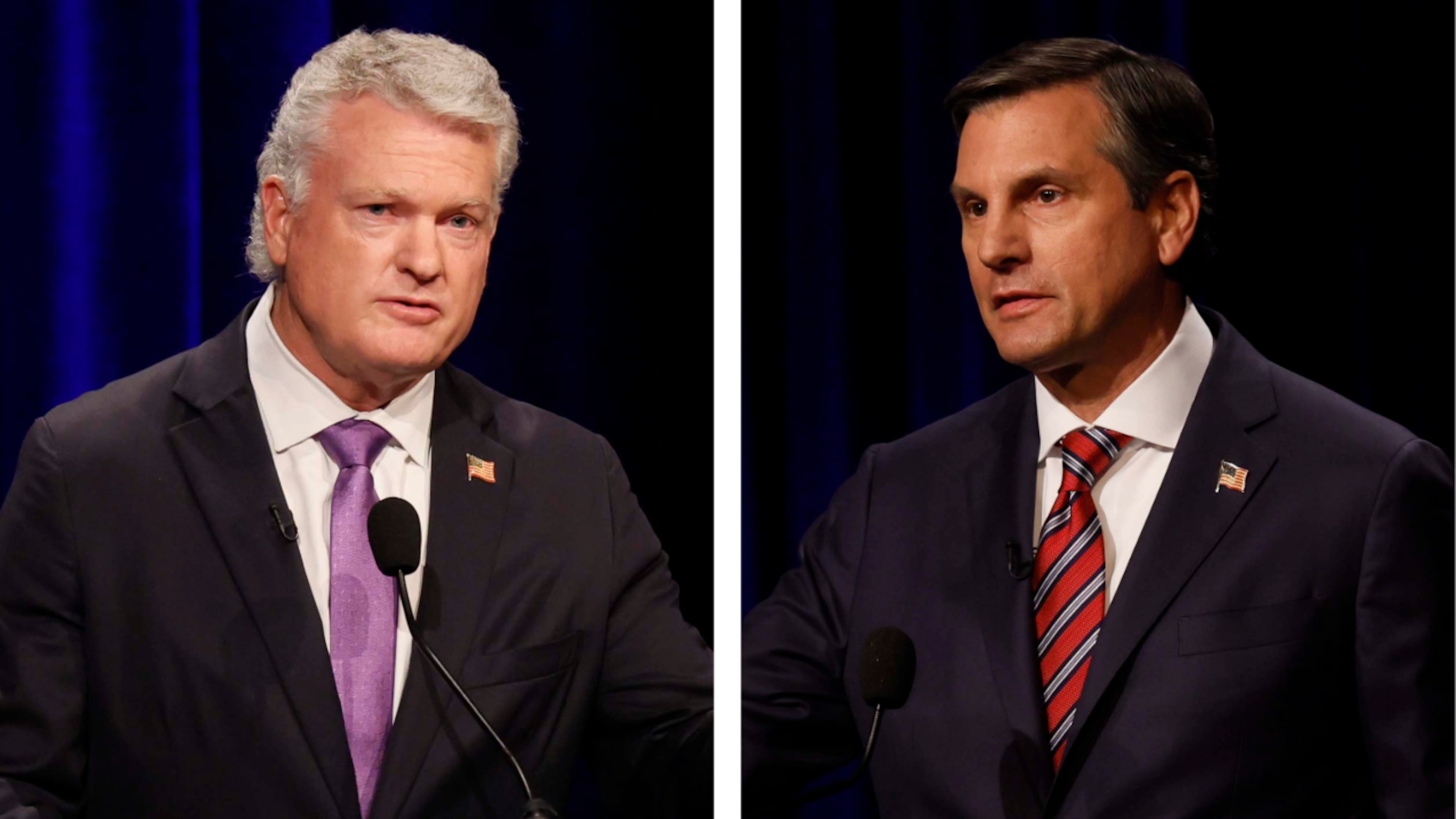 U.S. Rep Mike Collins (left) and former football coach Derek Dooley, both Republican candidates for the U.S. Senate, at the Atlanta Press Club Loudermilk-Young debate last month. (Miguel Martinez/AJC)