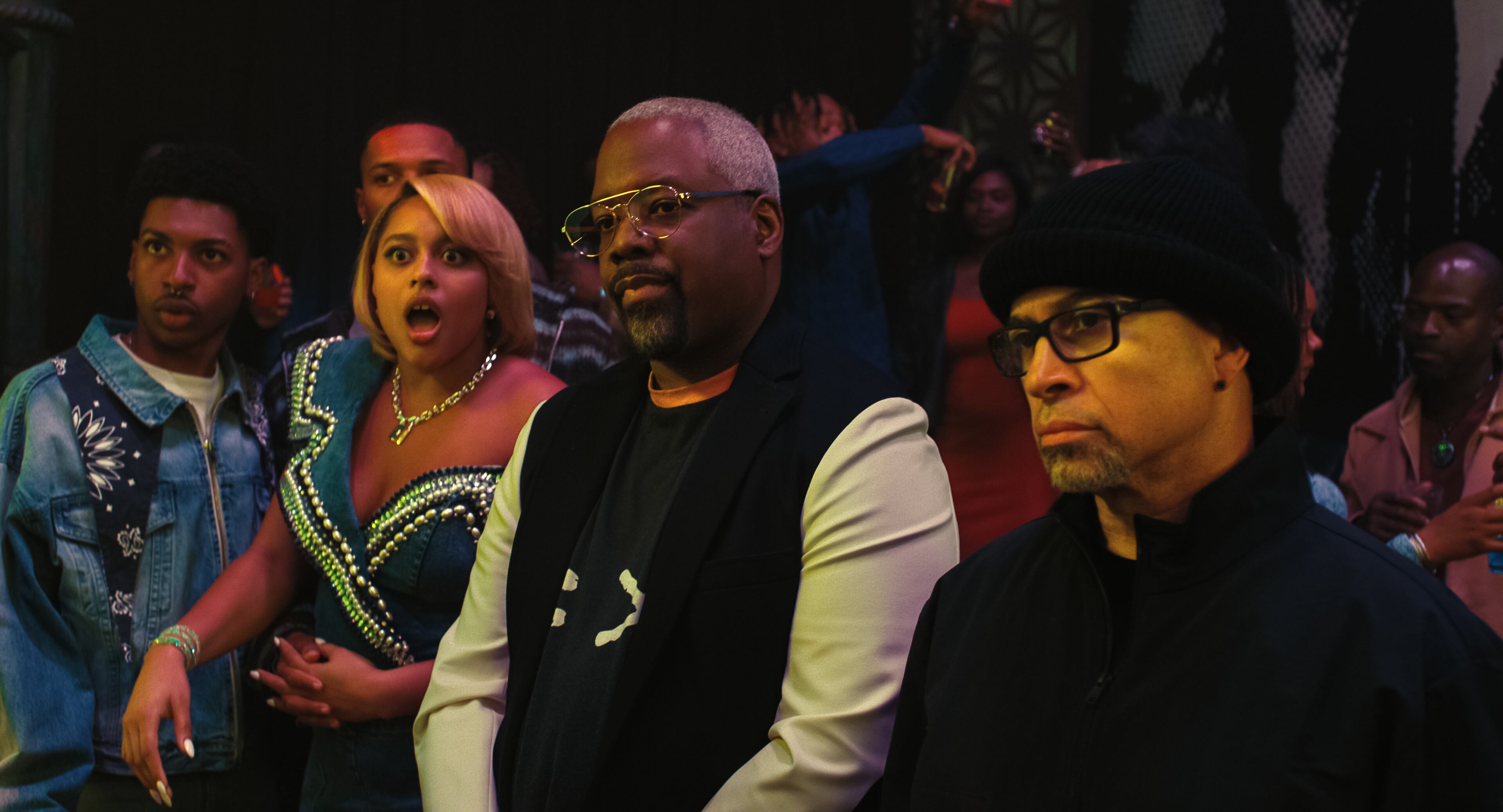A nightclub scene featuring (from left) Jordan Aaron Hall, Kennedi Reece, Kadeem Hardison and Darryl M. Bell, was shot at Tongue & Groove nightclub at Lindbergh. (Courtesy of Netflix)