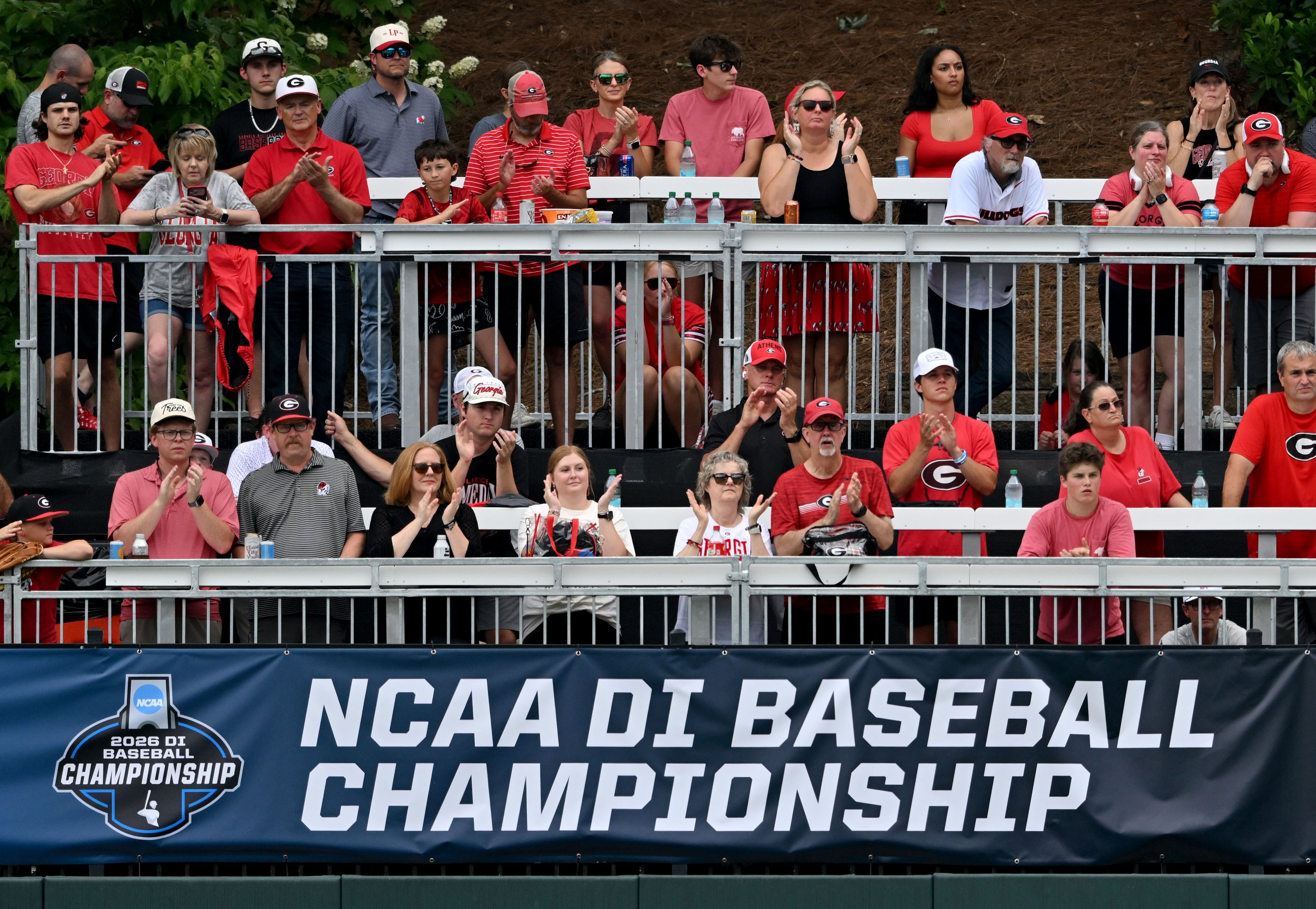 Georgia fans cheer during the first inning of the NCAA Regional game at Foley Field, Friday, May 29, 2026, in Athens. (Hyosub Shin/AJC)