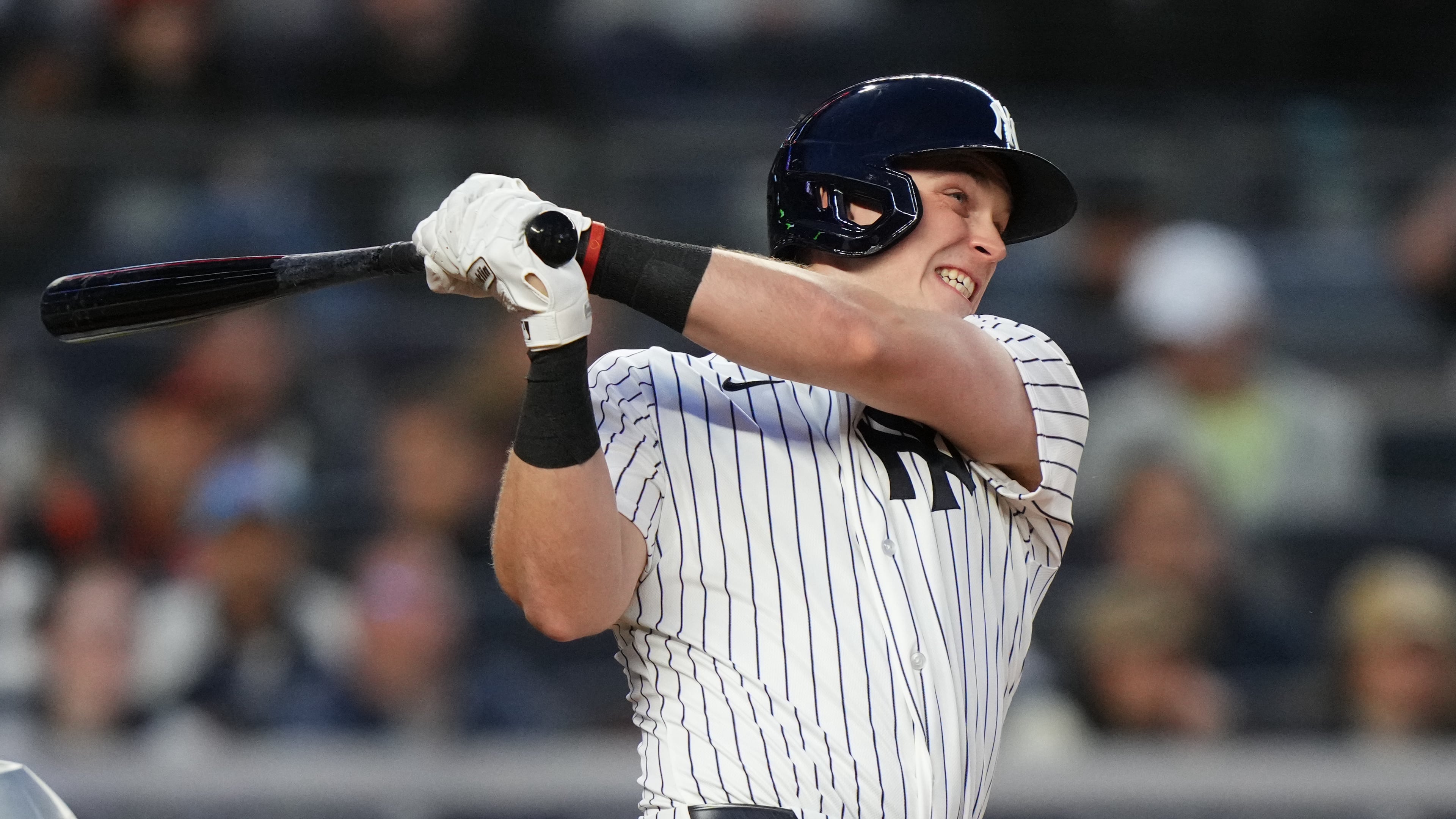 New York Yankees' Ben Rice follows through on a three-run home run during the second inning of a baseball game against the Baltimore Orioles Friday, May 1, 2026, in New York. (AP Photo/Frank Franklin II)