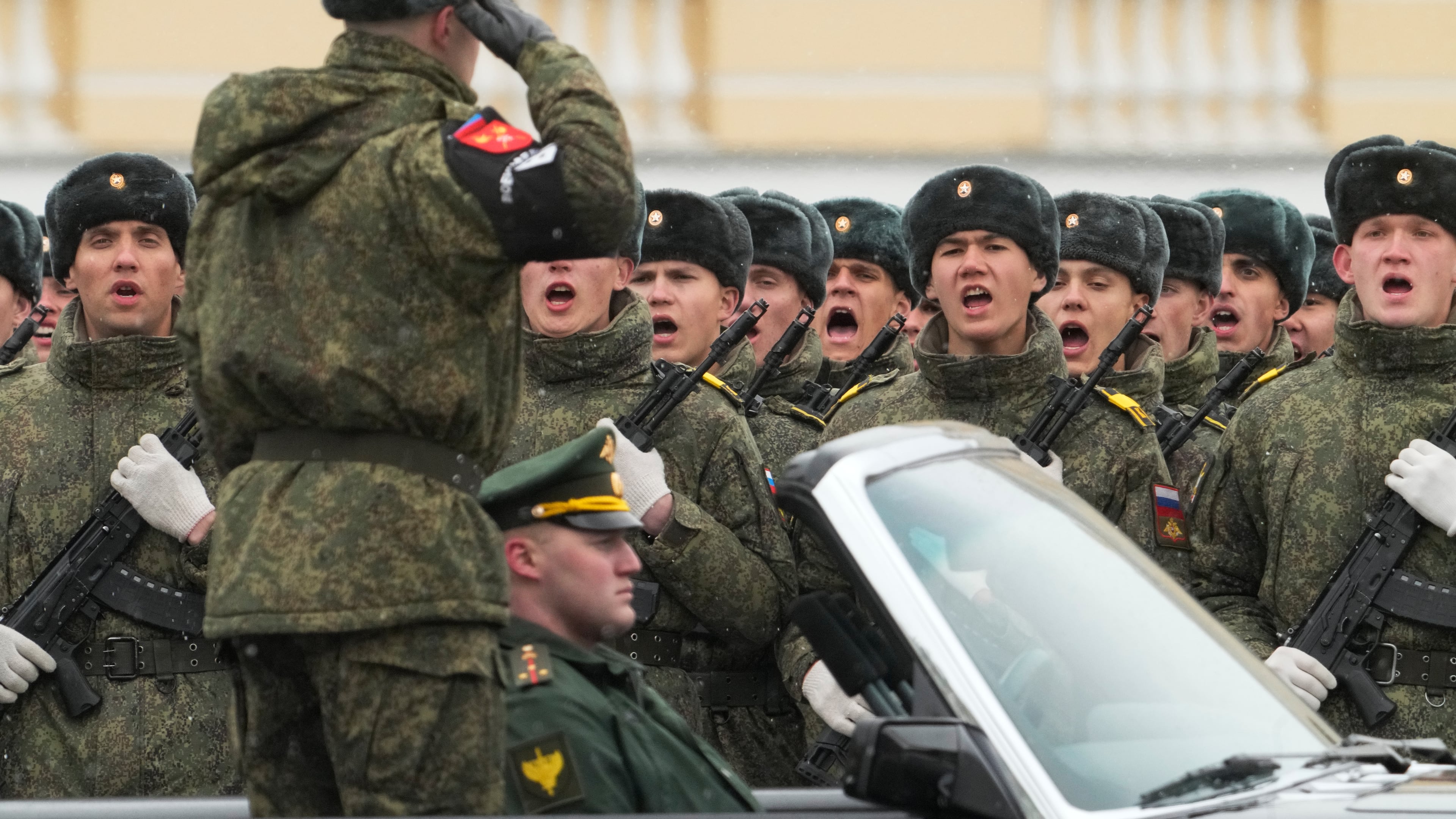 Troops attend a rehearsal for the Victory Day military parade at the Dvortsovaya (Palace) Square in St. Petersburg, Russia, Tuesday, April 28, 2026. (AP Photo/Dmitri Lovetsky)